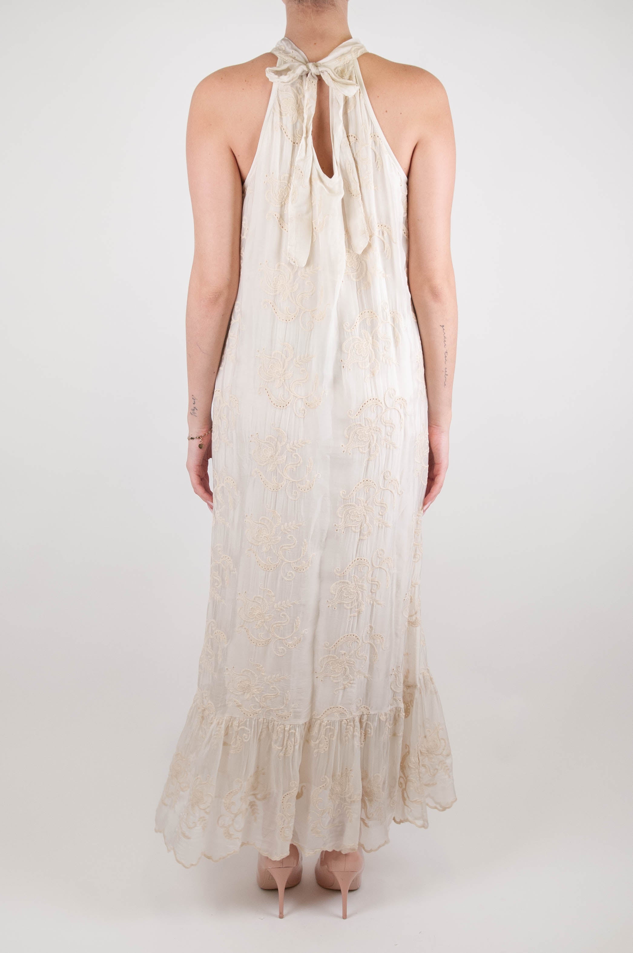 Haveone - Long dress in embroidered silk blend with flounce at the bottom