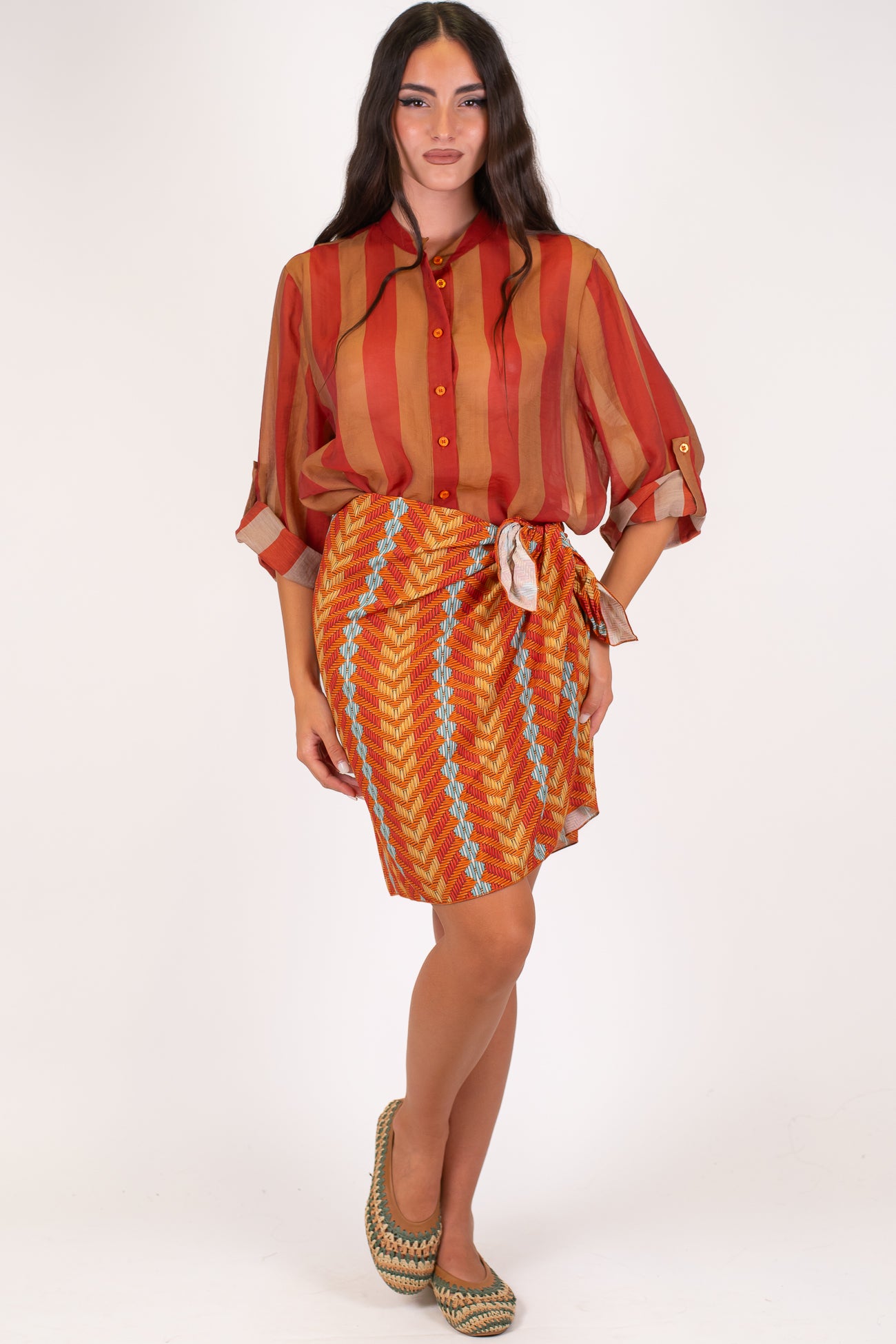 Haveone - Minigonna pareo fantasia zig zag a contrasto in viscosa leggera