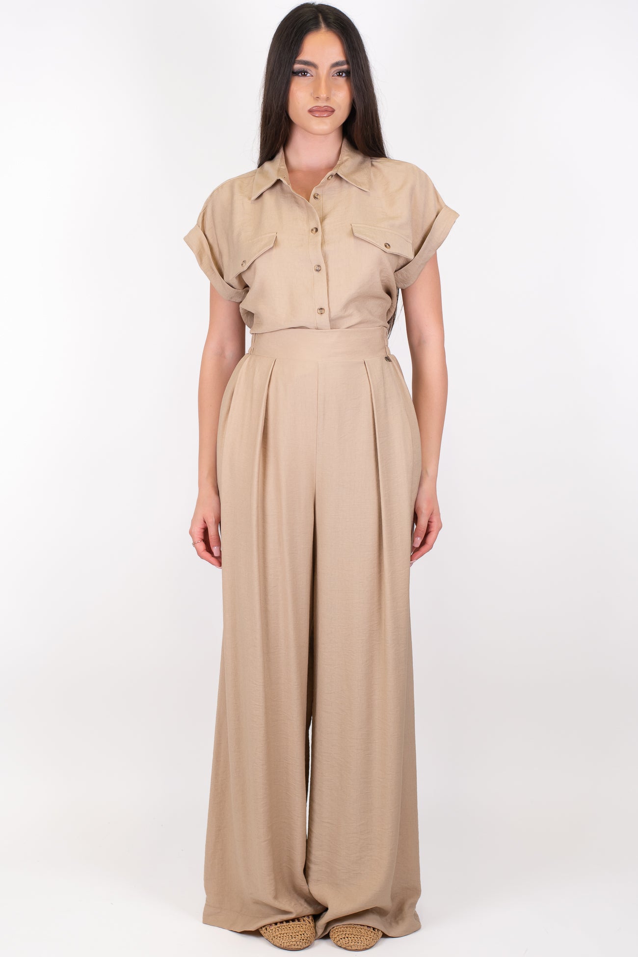 Dixie - Coordinato camicia mezzamanica e pantalone palazzo con elastico sul retro in viscosa leggera
