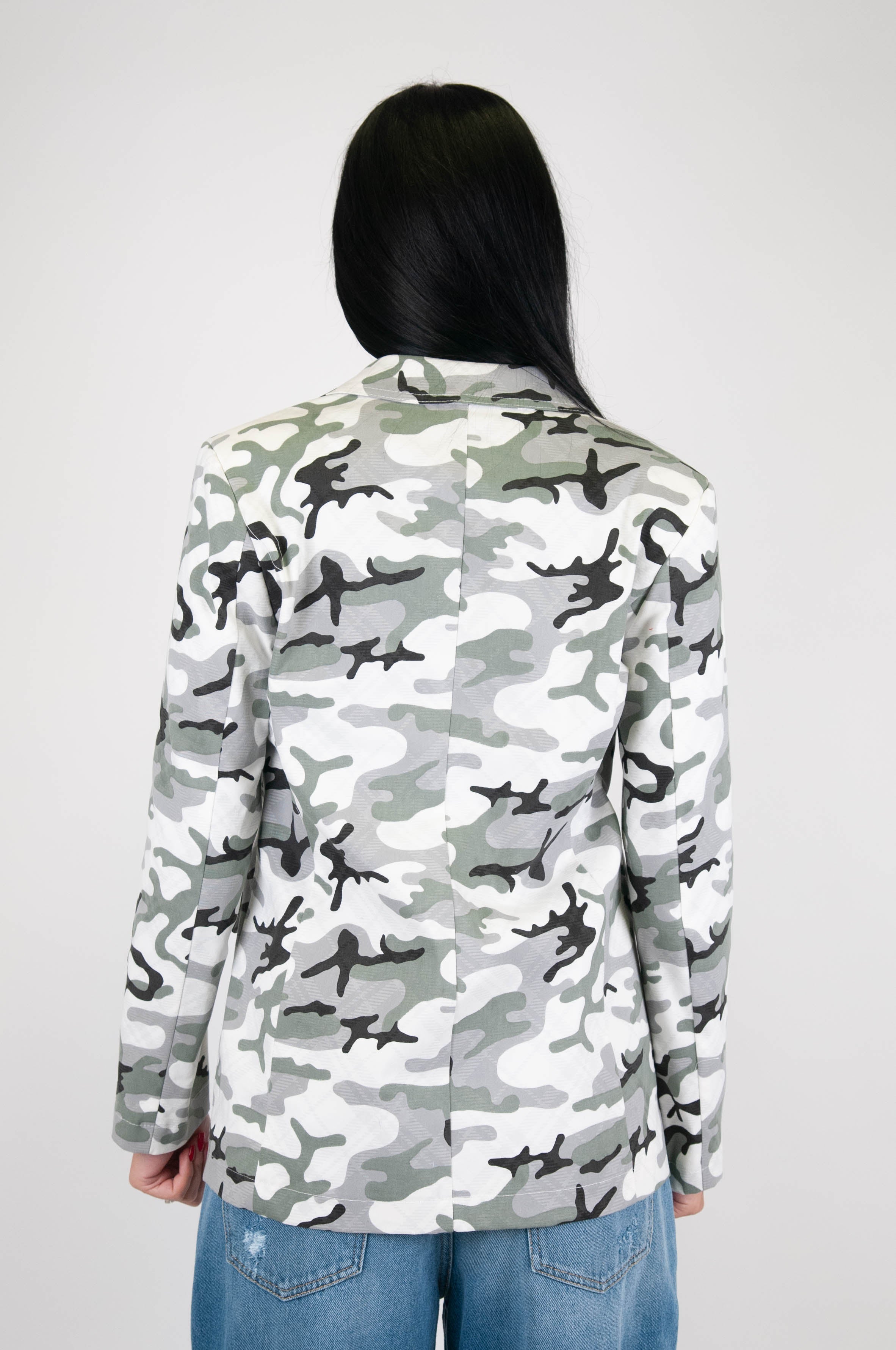 Maryley - Camouflage pattern single-breasted jacket with flower brooch