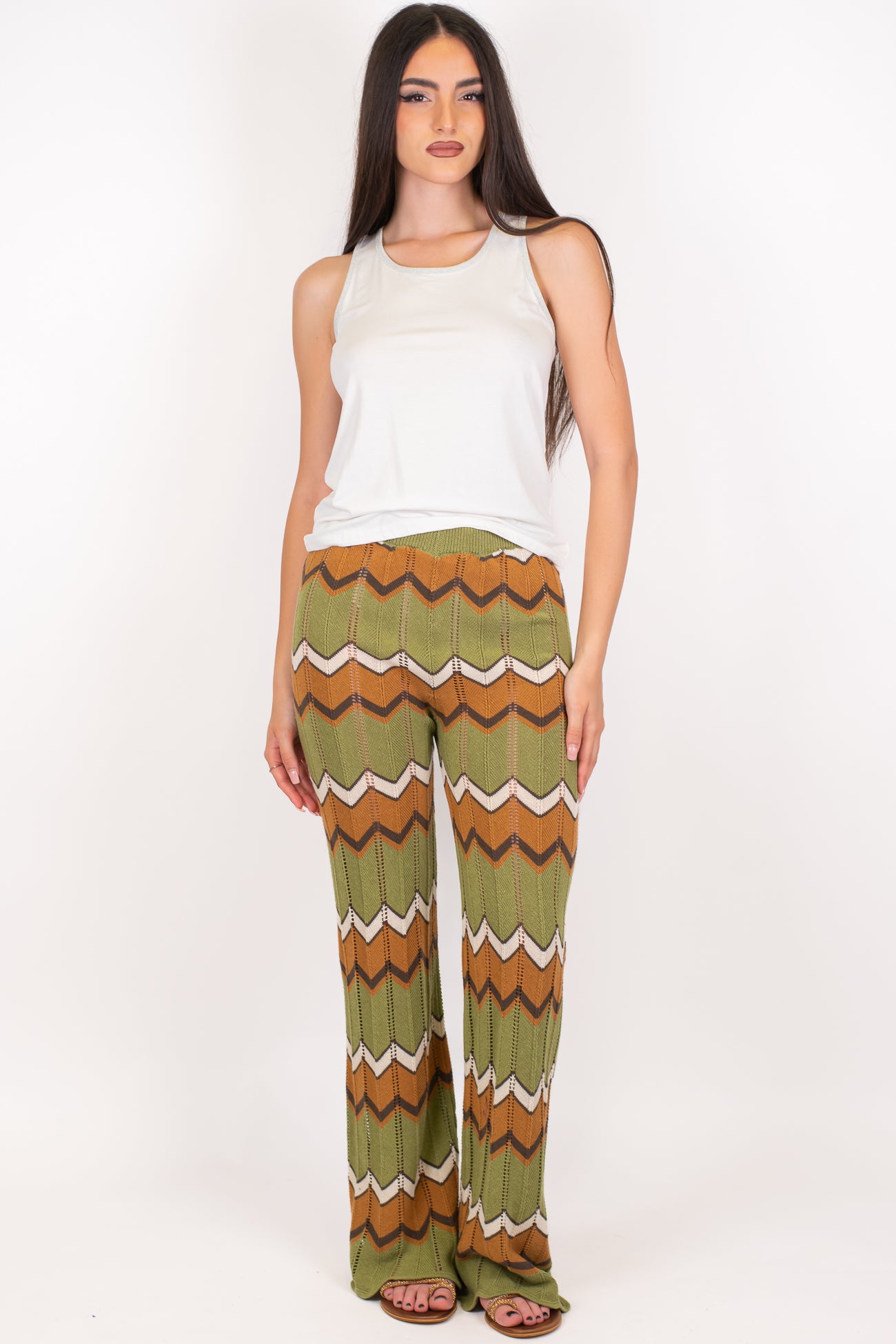 Dixie - Pantalone a zampa fantasia zig zag in maglia lavorata e traforata con elastico in vita