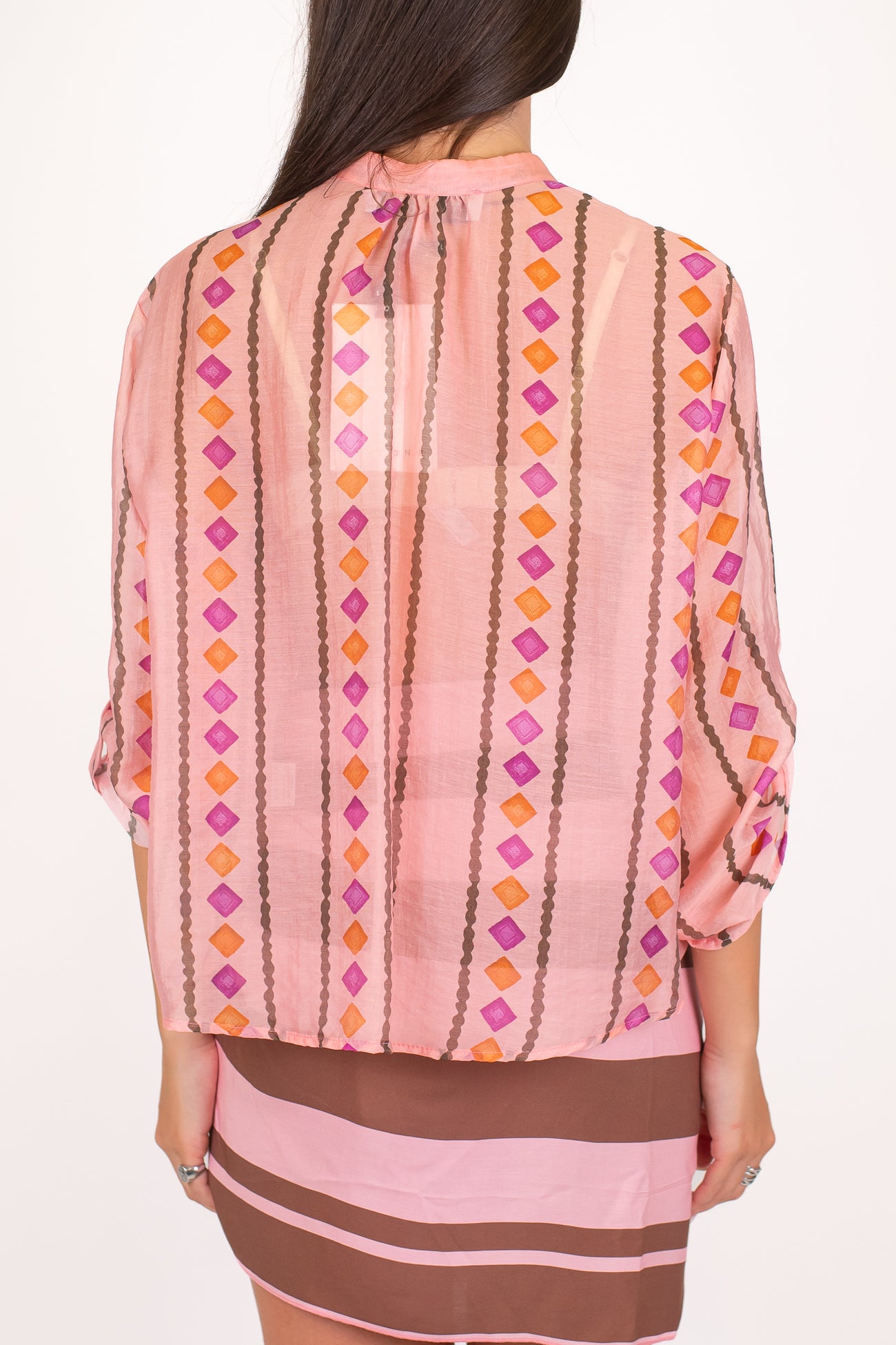 Haveone - Camicia fantasia rombi in lyocell con collo coreano
