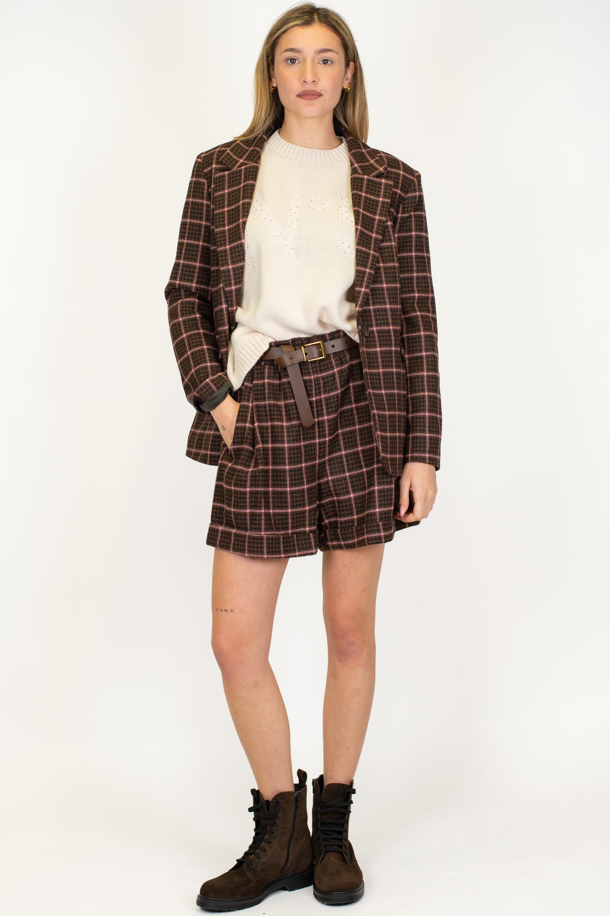 Tensione in - Short in misto lana fantasia pied de paule