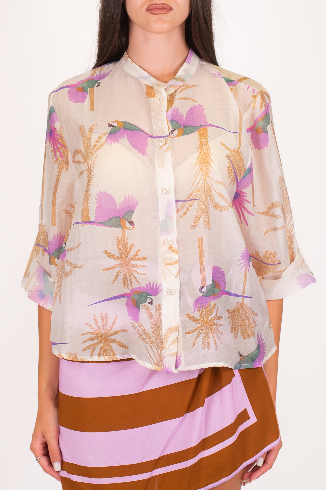 Haveone - Camicia in lyocell fantasia pappagalli