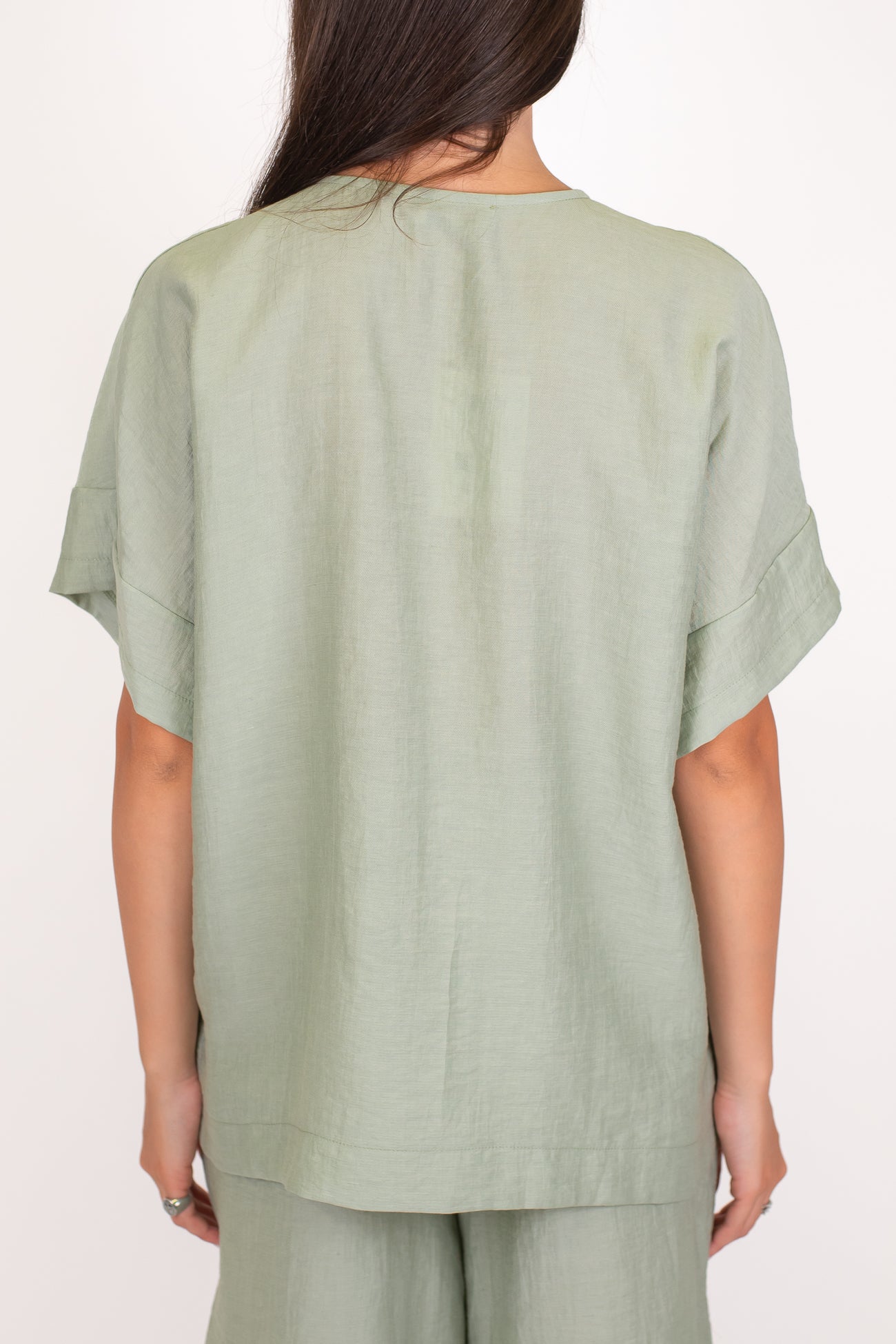 Dixie - Blusa mezzamanica in misto lino con sollo a V e tasconi laterali