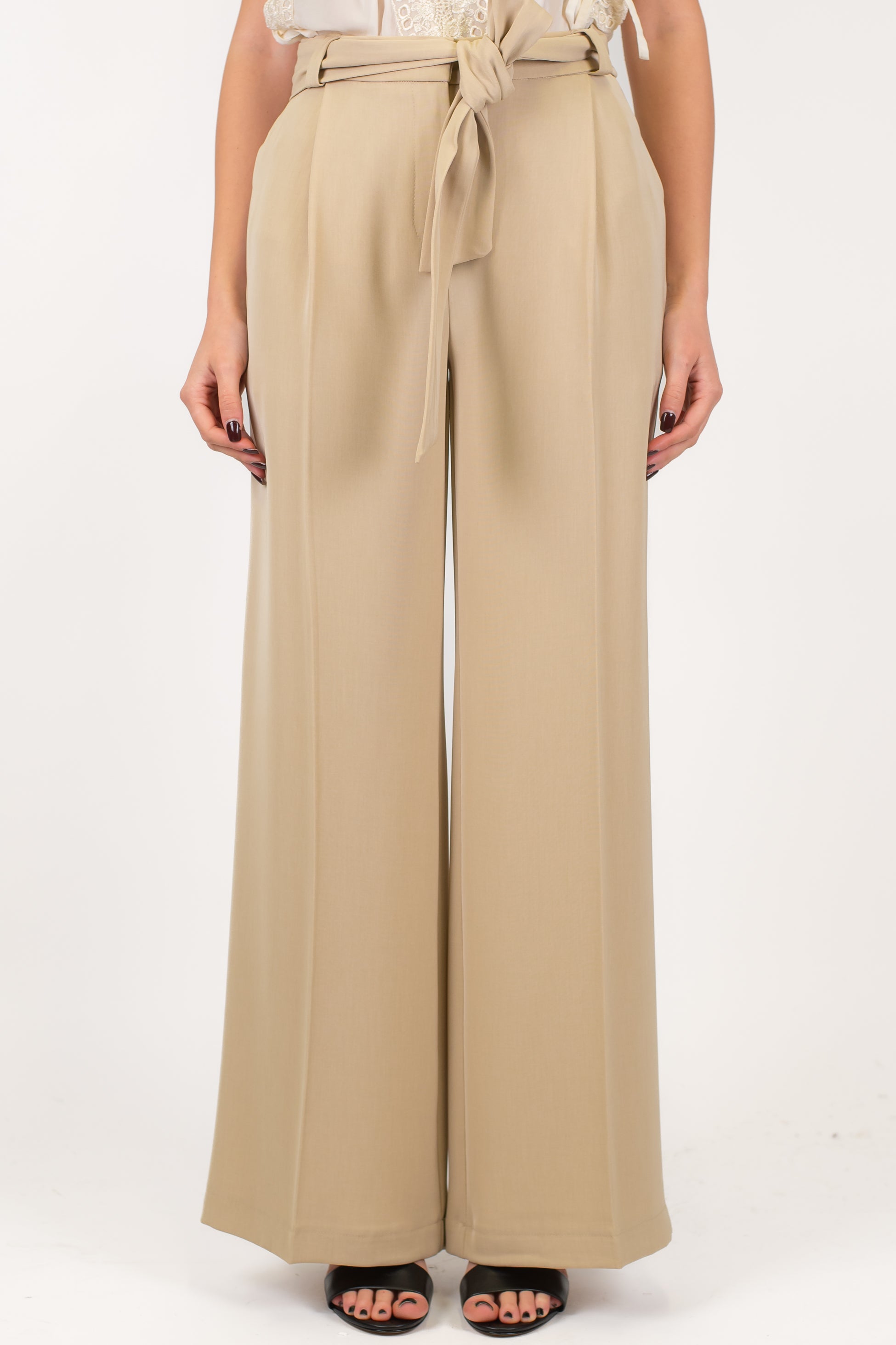 Maryley - Pantalone palazzo in tessuto fluido con elastico sul retro e cintura in tessuto