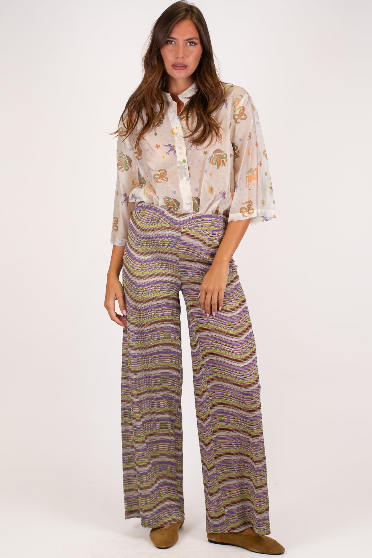 Dixie - Pantalone palazzo fantasia astratta con elastico in vita