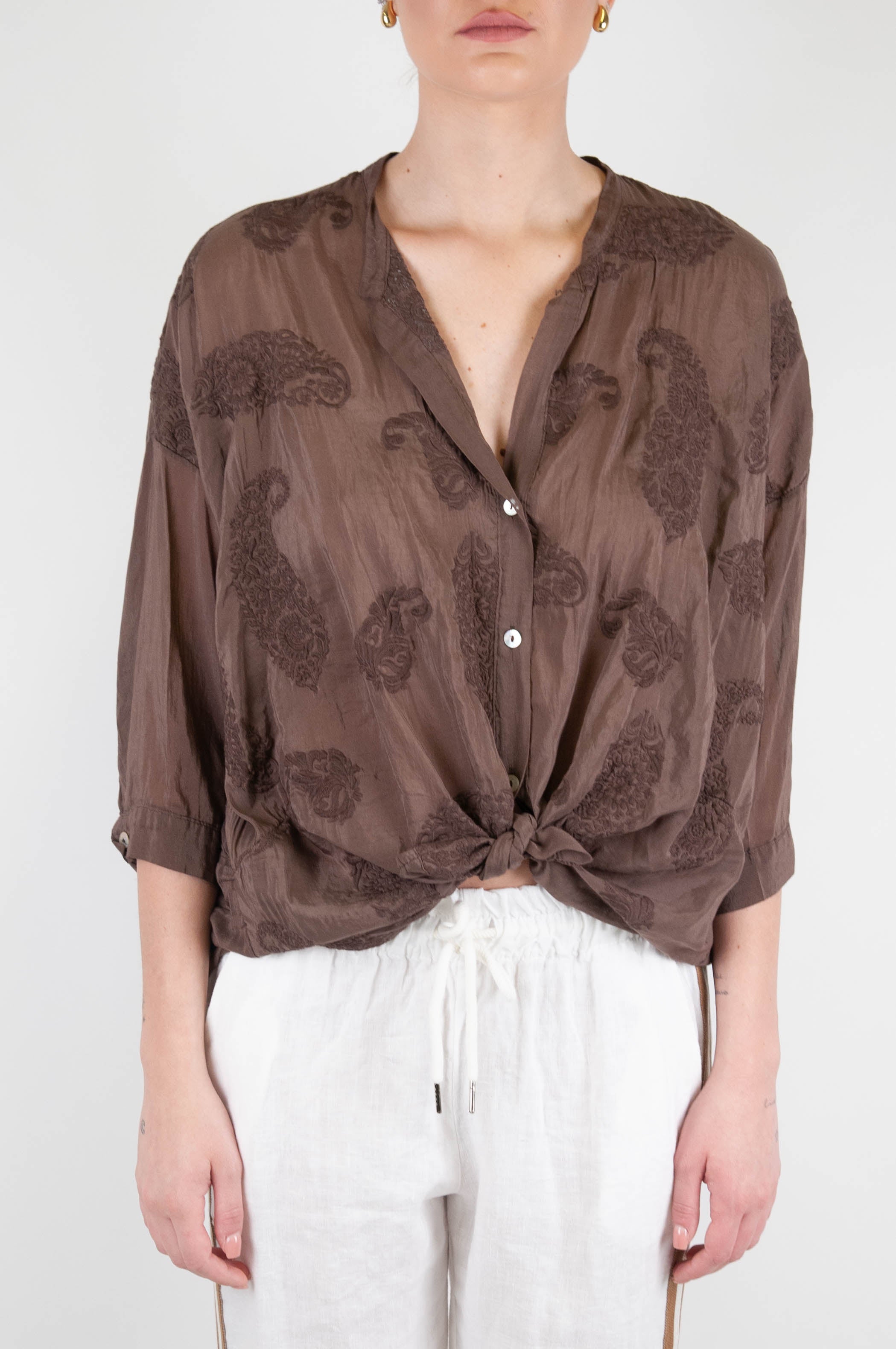 Tension in - Silk blend shirt with embroidery and mandarin collar