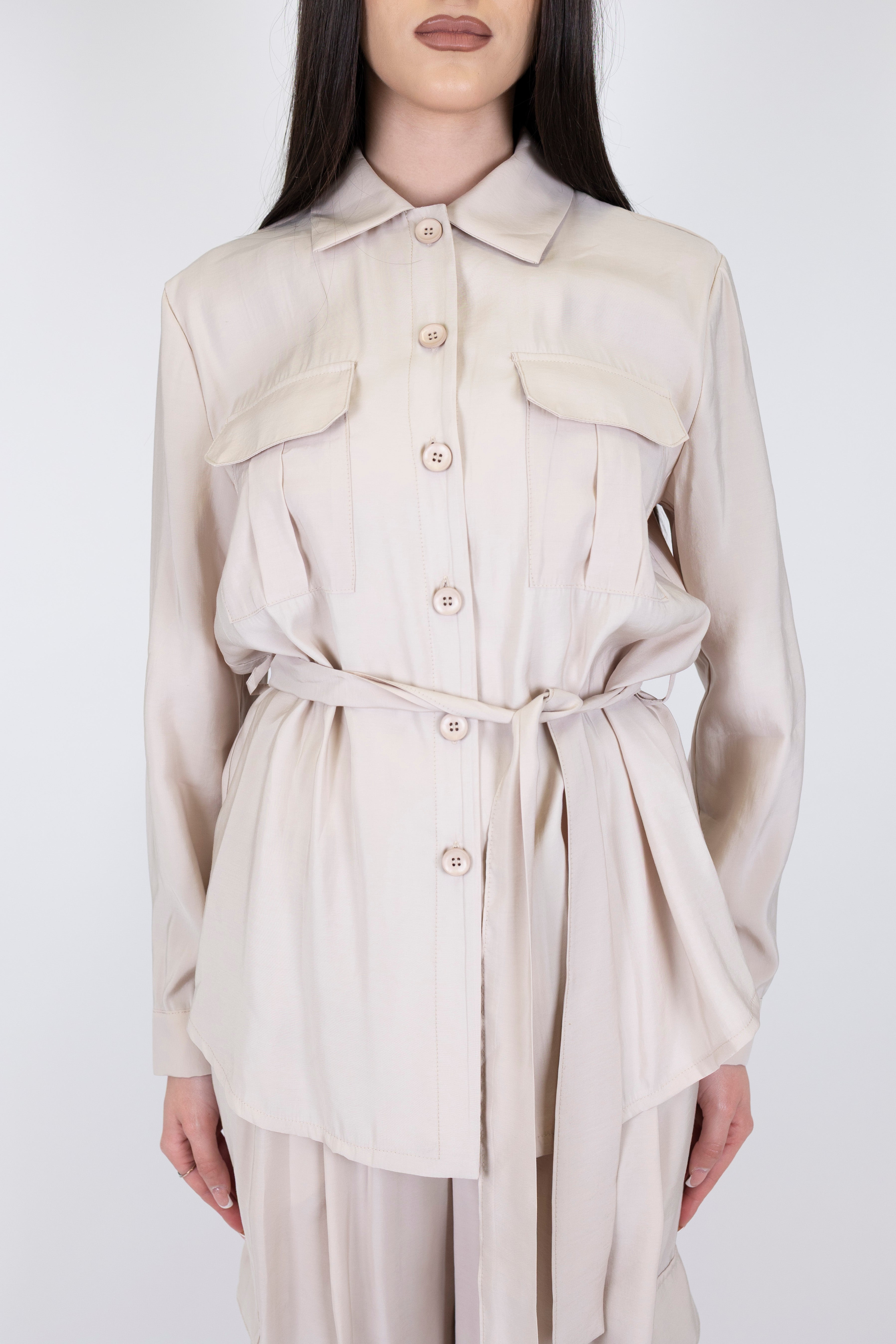 Motel - Coordinato in modal camicia con taschini e pantalone cargo palazzo con elastico in vita