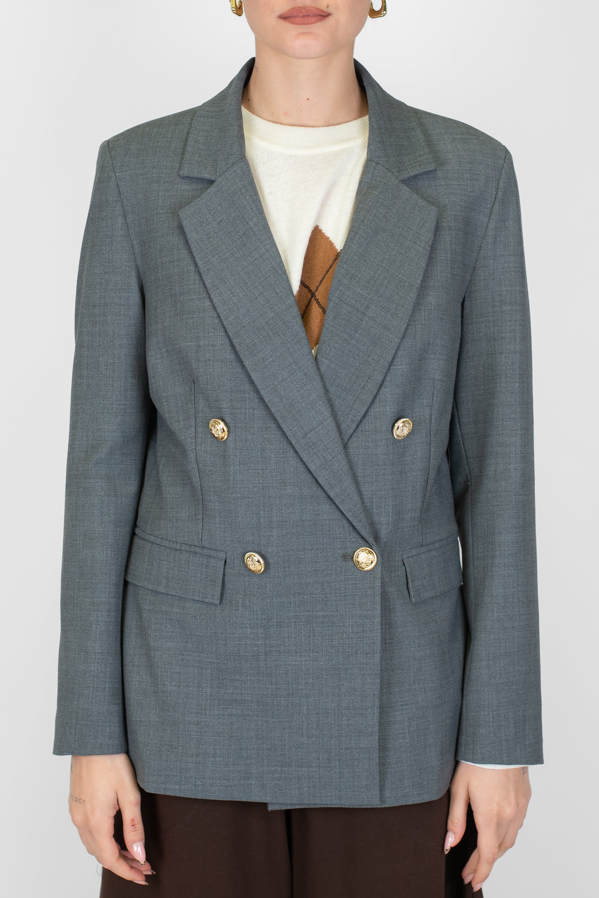 Motel - Giacca doppiopetto in misto lana con spalline e bottoni oro