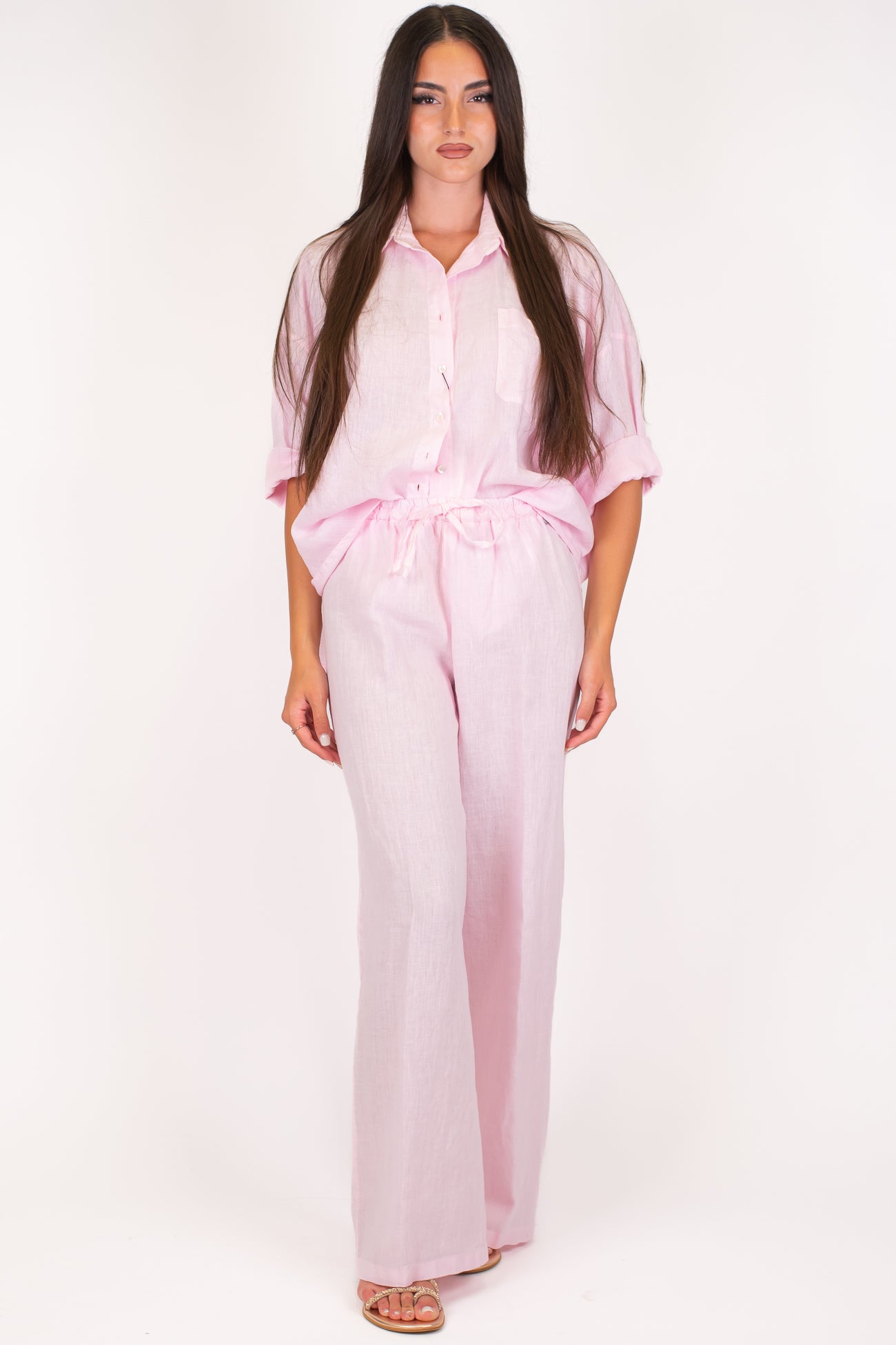 Dixie - Coordinato in puro lino camicia con taschino e pantalone palazzo con coulisse