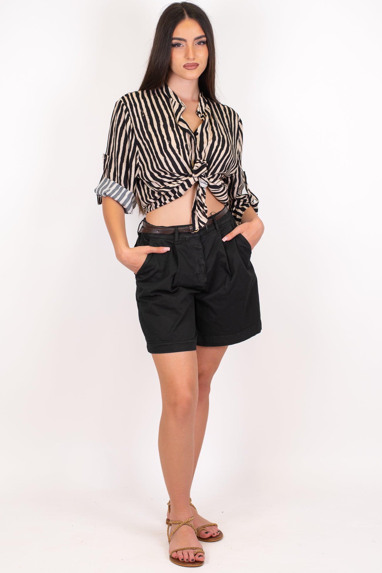 Dixie - Bermuda in cotone con pinces ed elastico sul retro
