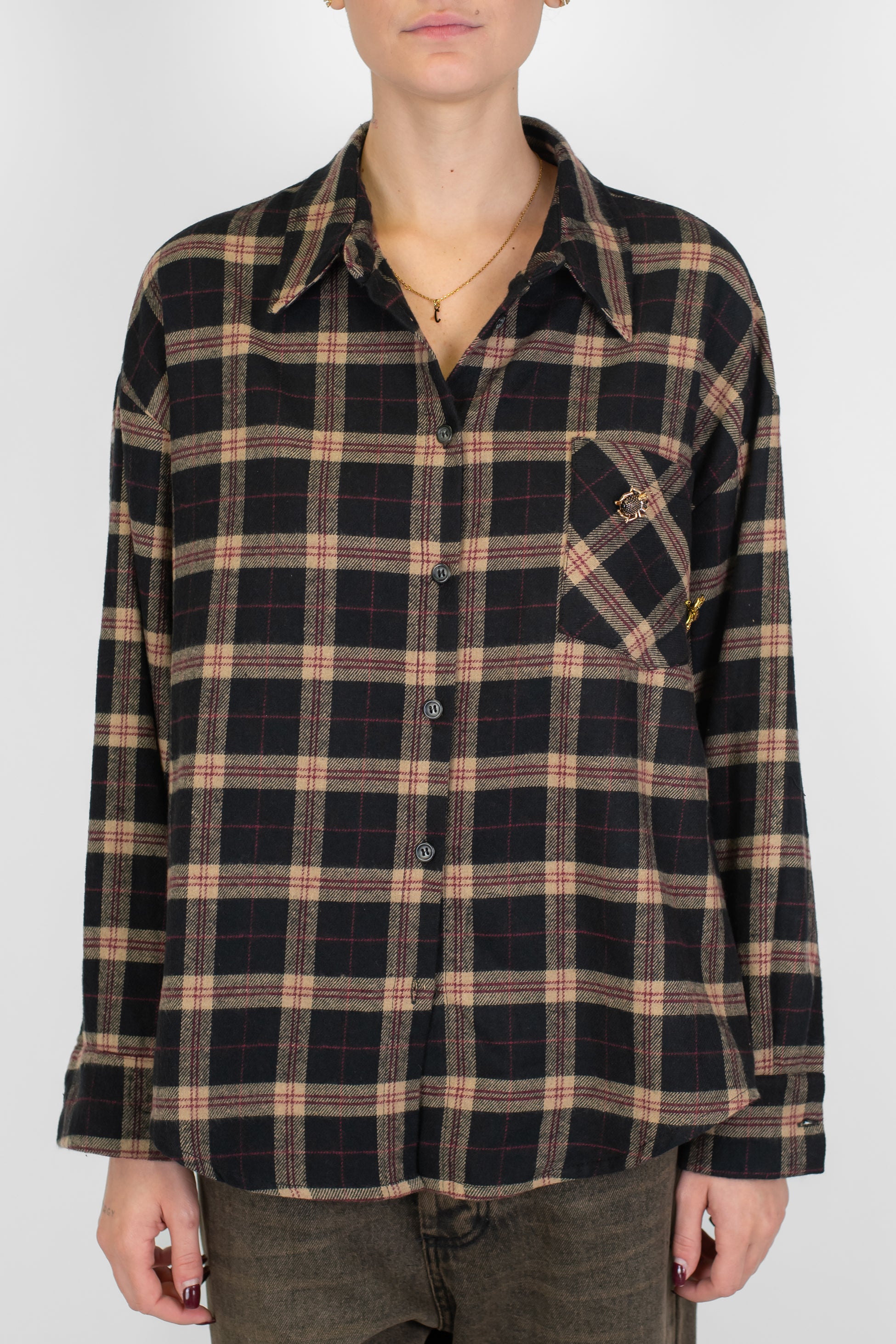 Motel - Camicia fantasia quadri con spille sul taschino