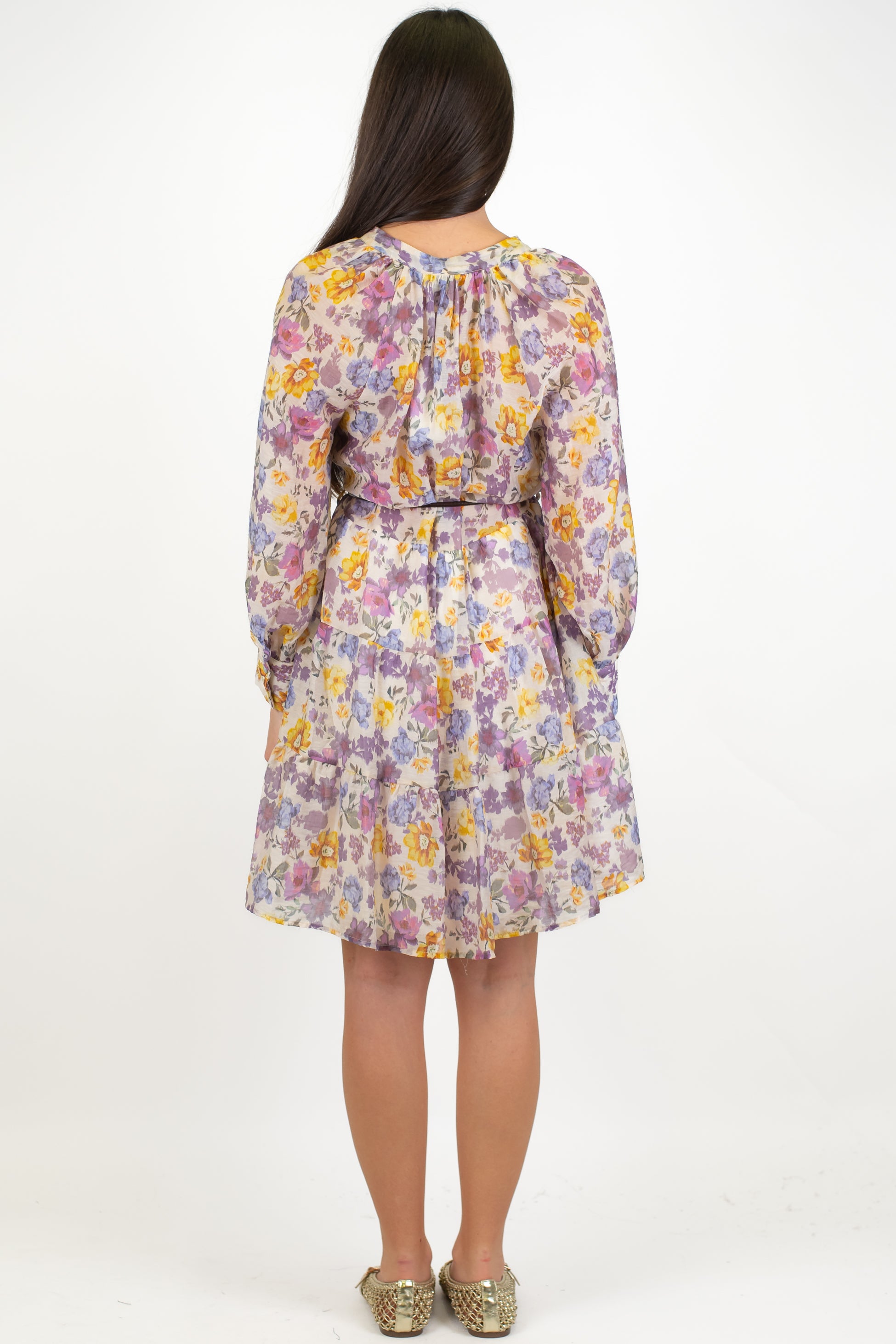 Motel - Abito corto fantasia floreale in lyocell con profilo frange