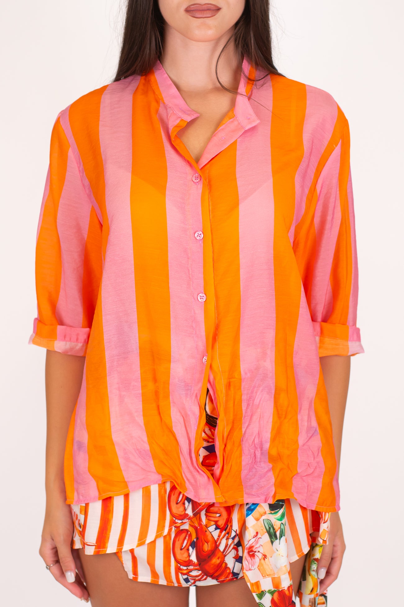 Dixie - Camicia fantasia a righe in viscosa leggera con collo coreano e manica