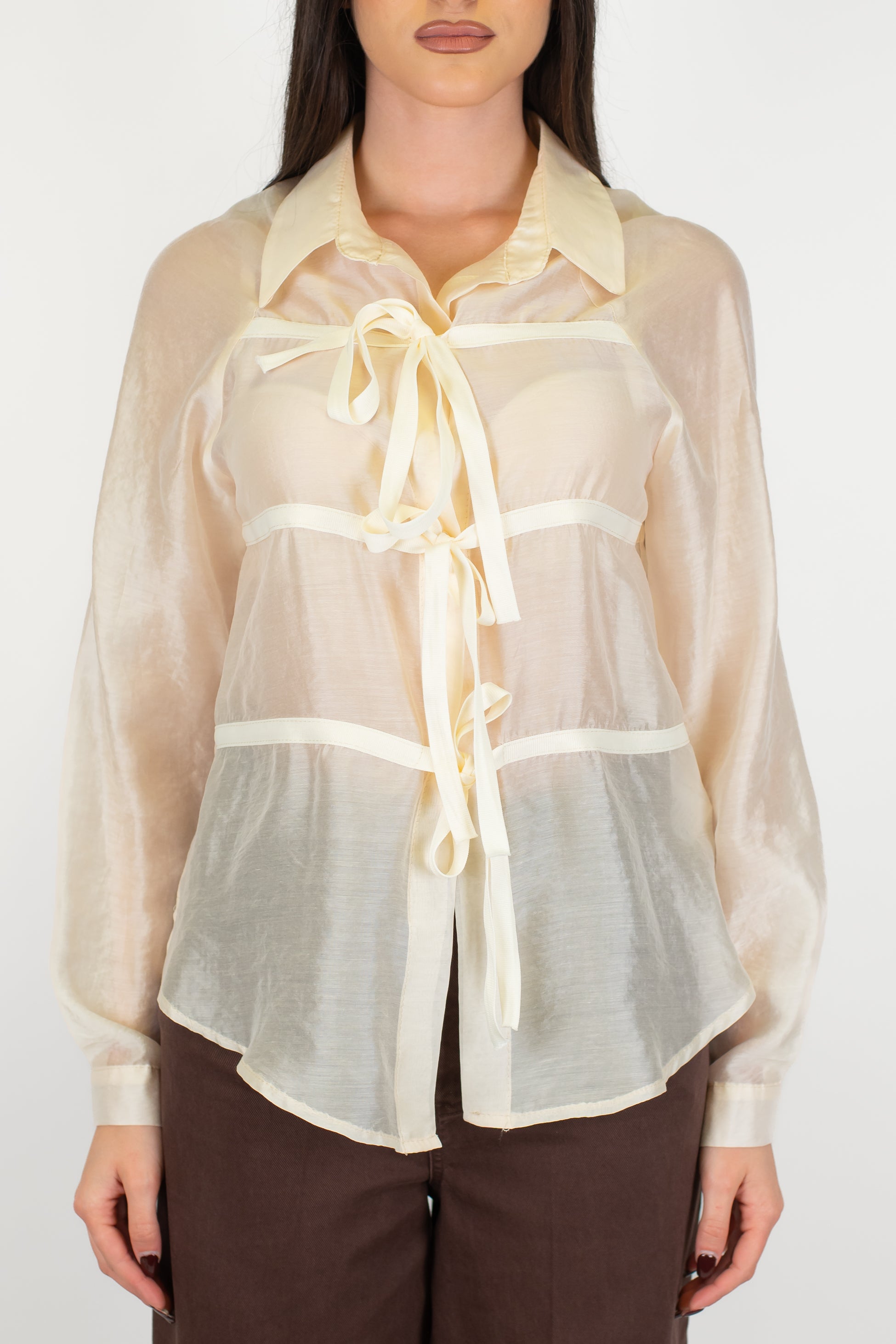 Maryley - Camicia velata in lyocell chiusura bottoni e lacci