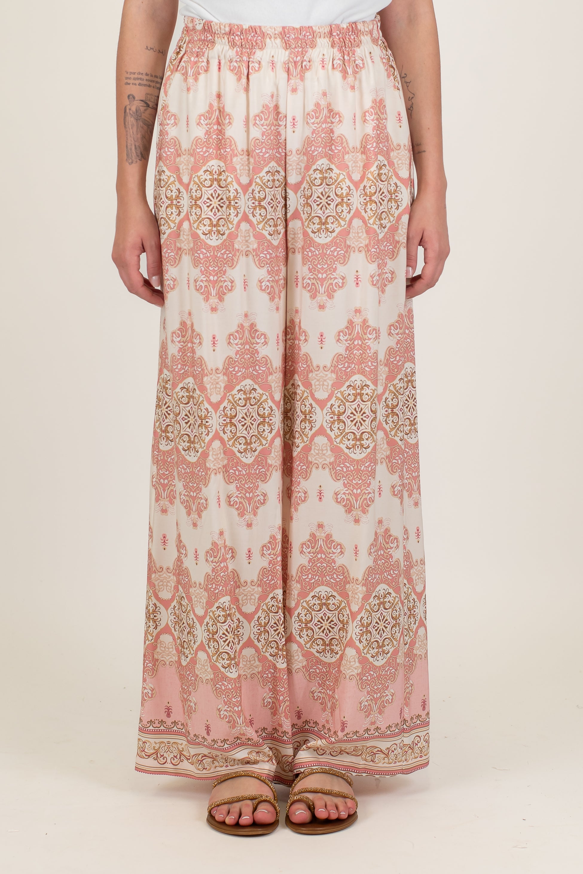 Haveone - Pantalone palazzo fantasia astratta in viscosa con elastico in vita