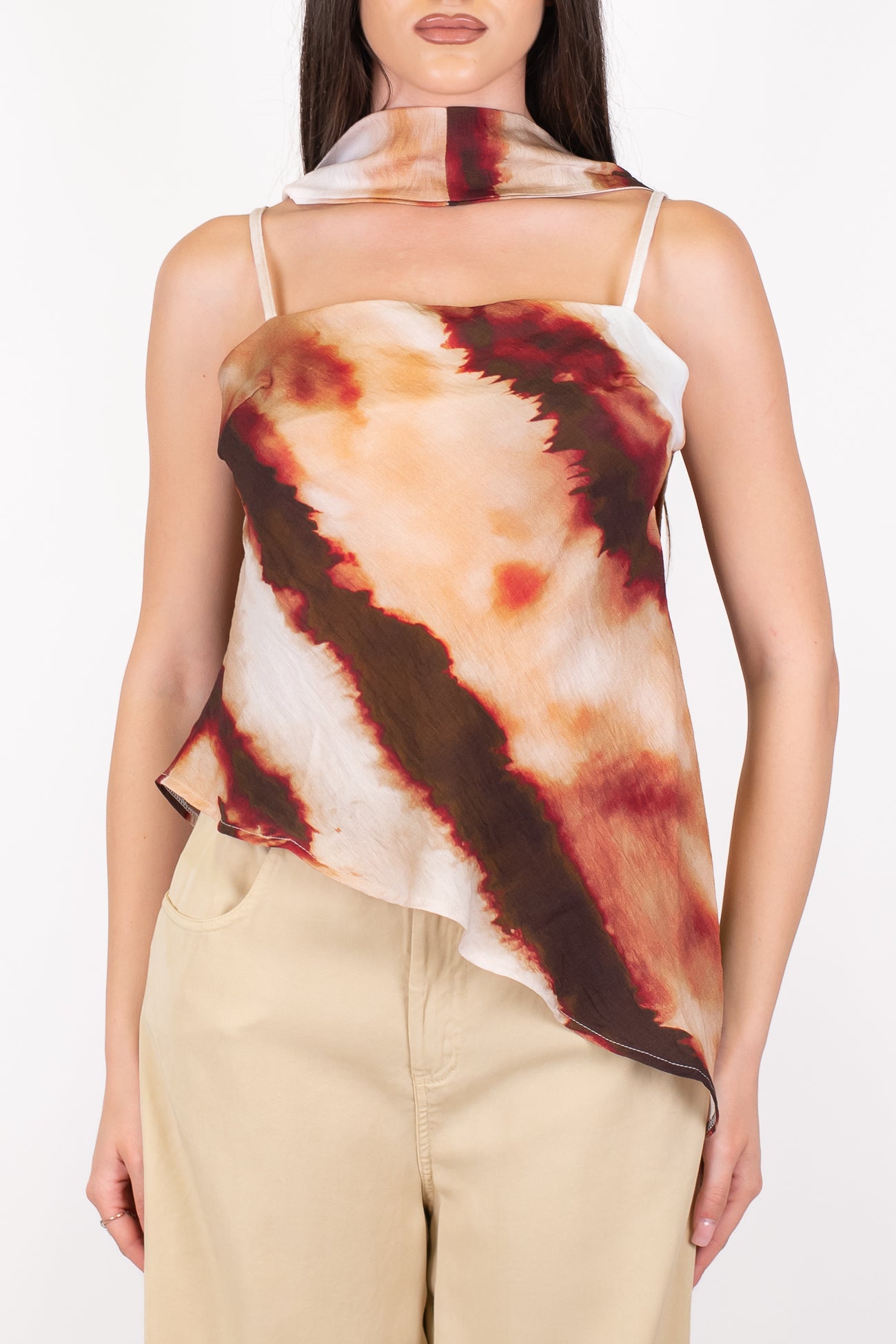 Haveone - Top asimmetrico fantasia astratta con bretelline e foulard