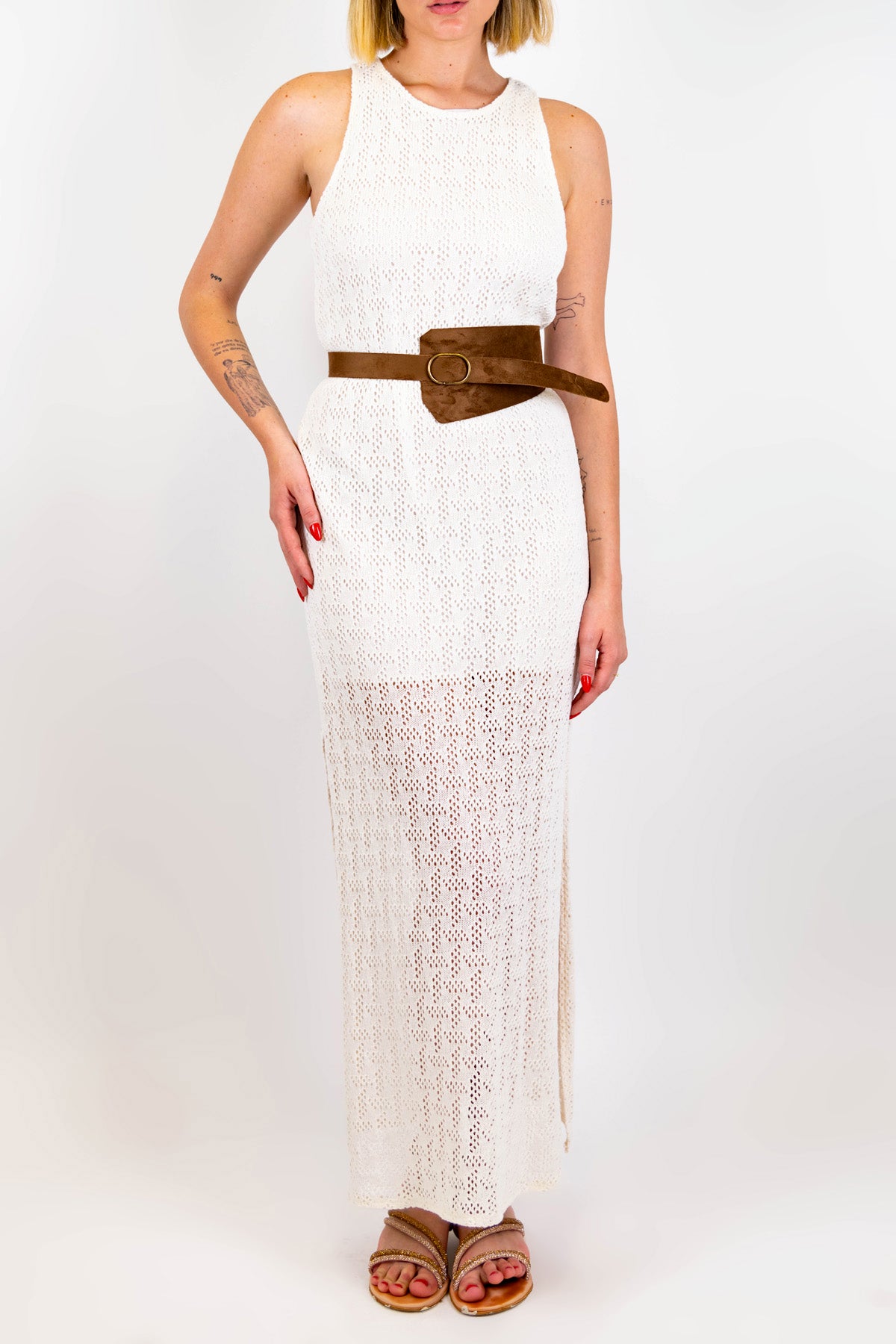 Motel - Abito lungo in crochet con spacchi laterali