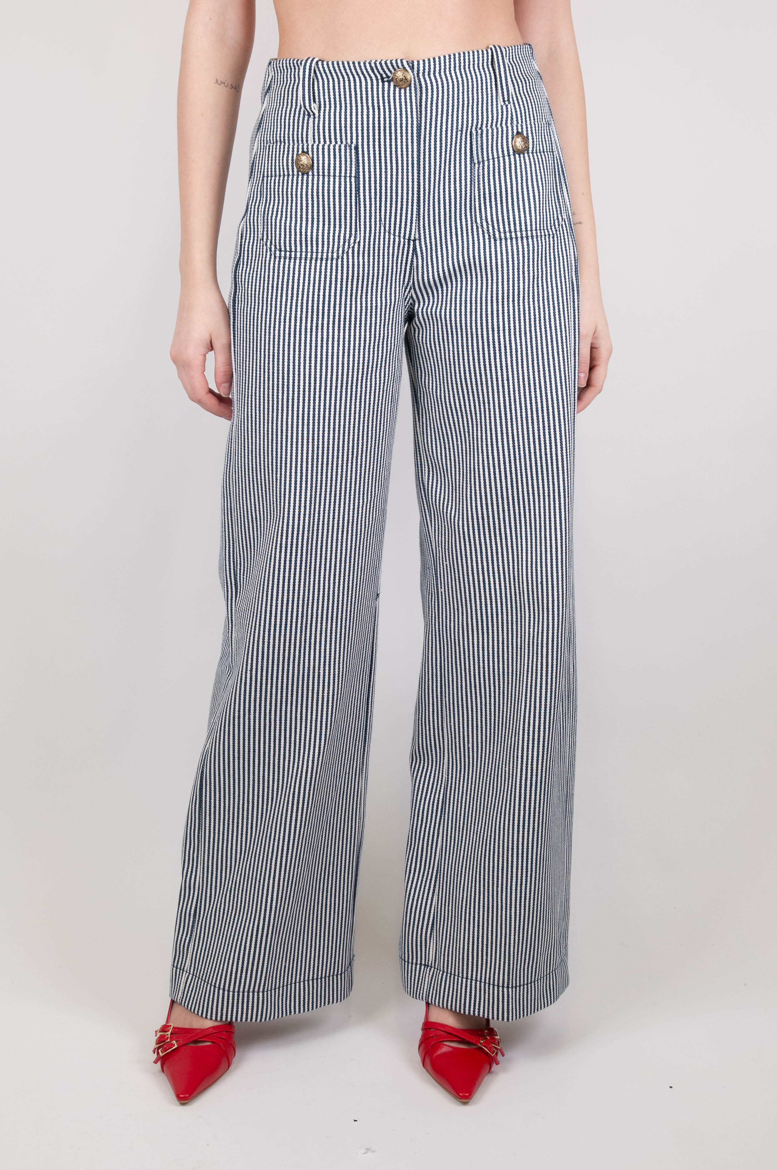 Tension in - Striped palazzo trousers with gold buttons