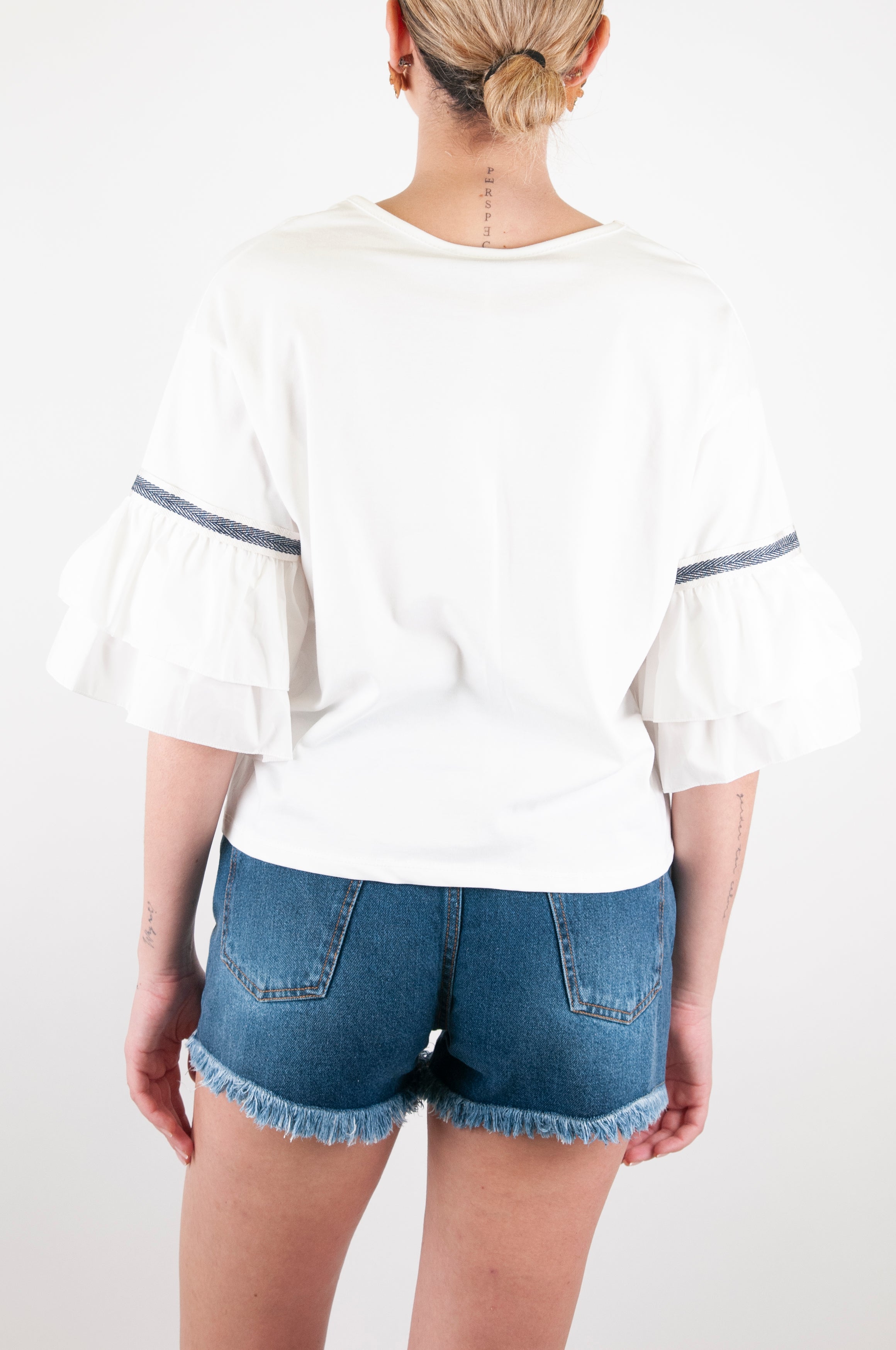 Haveone - Blusa con maniche con rouches e inserti denim