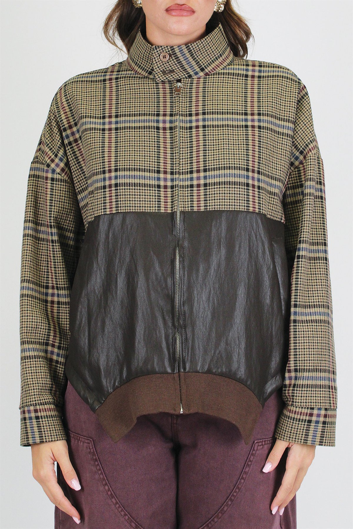 Dixie - Bomber doppia fantasia check-ecopelle con collo alto e chiusura a zip