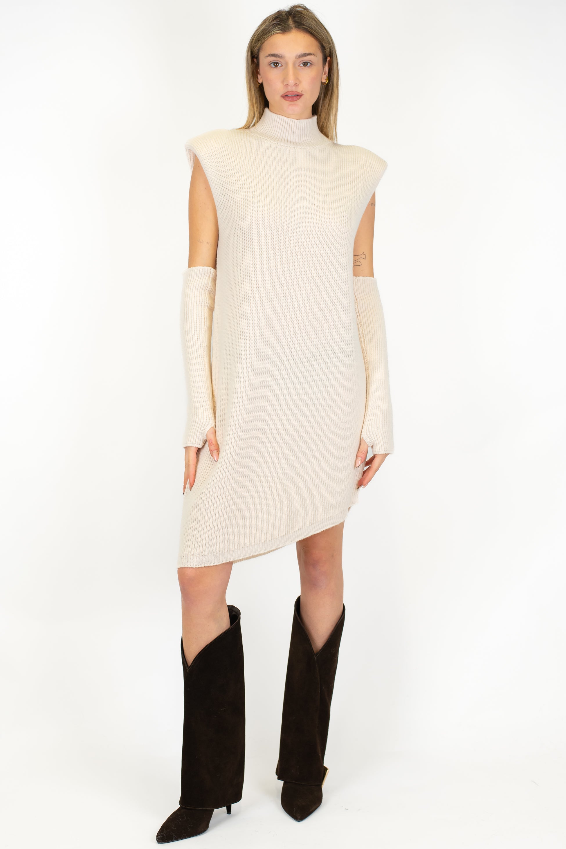 Dixie - Abito corto asimmetrico a coste in misto lana con spalline e manicotti