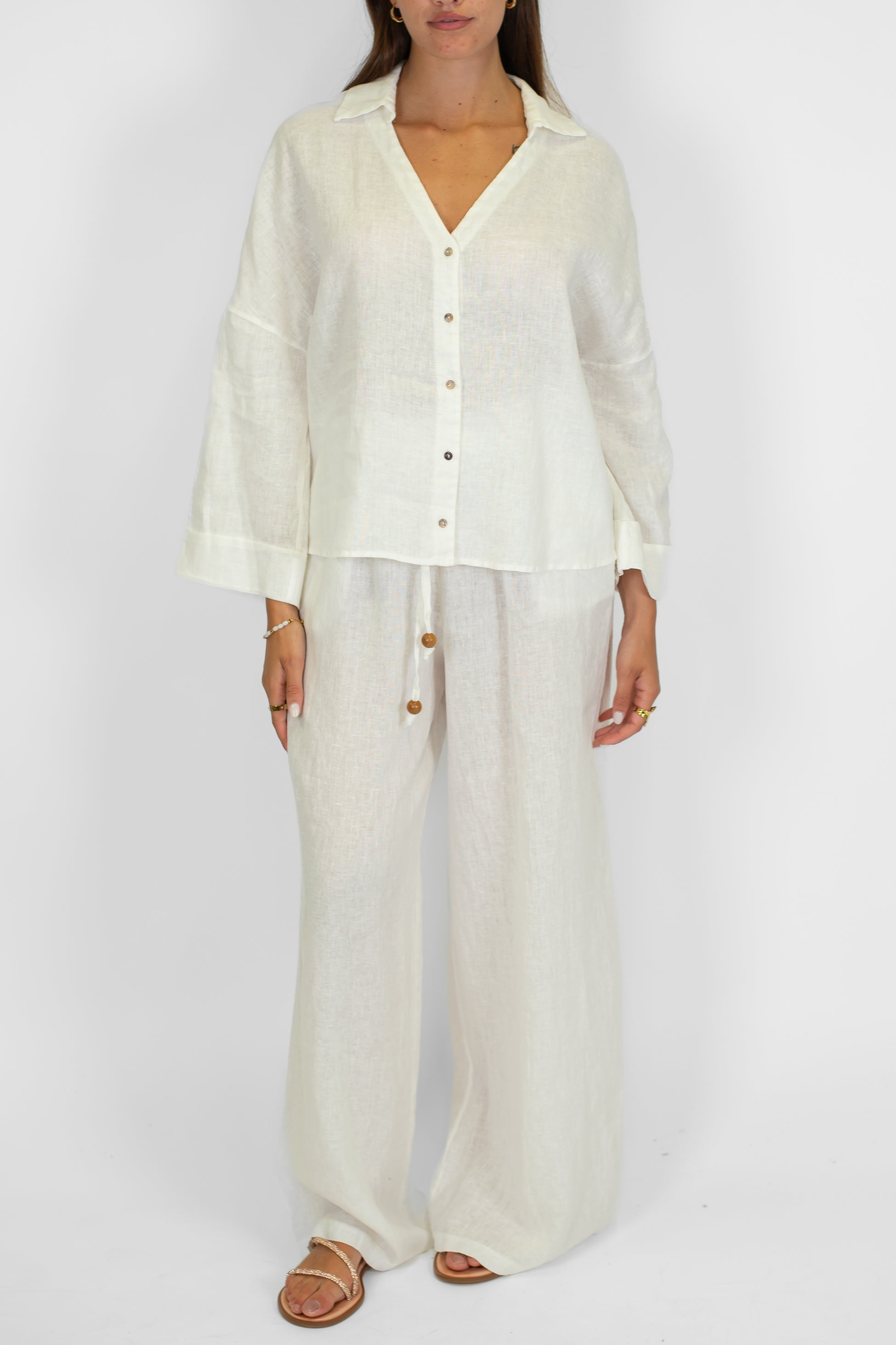 Tensione in - Pantalone palazzo in puro lino con coulisse