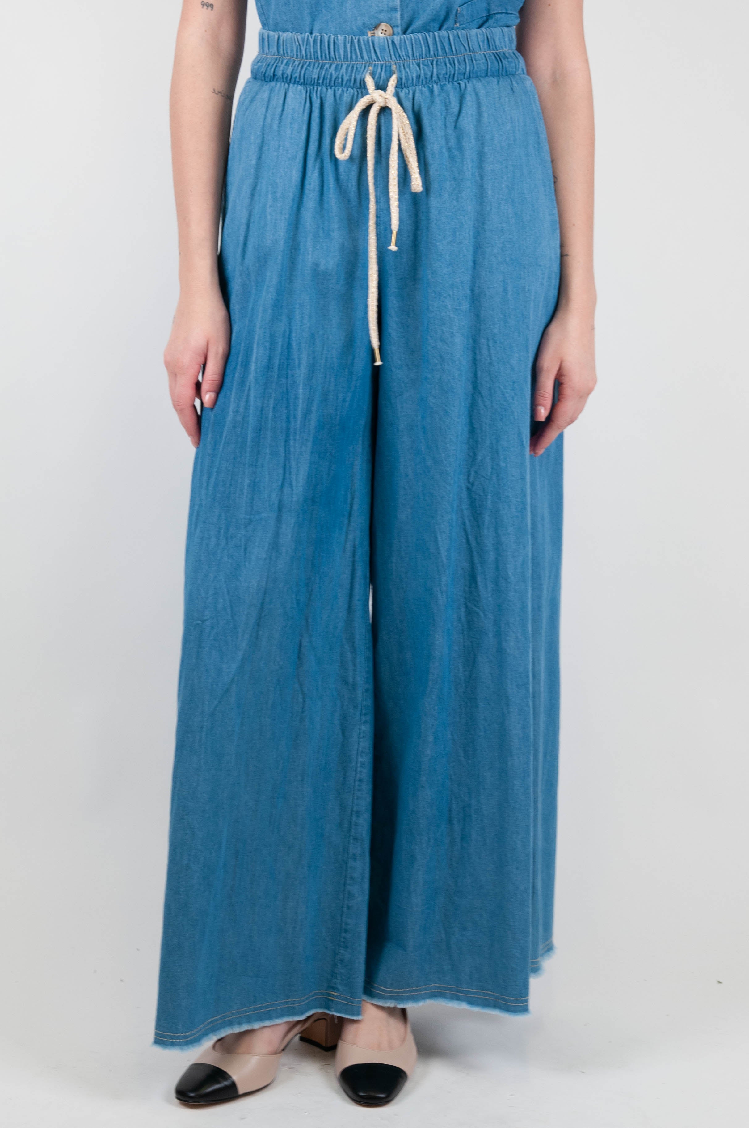 Motel - Pantalone palazzo in chambray con coulisse