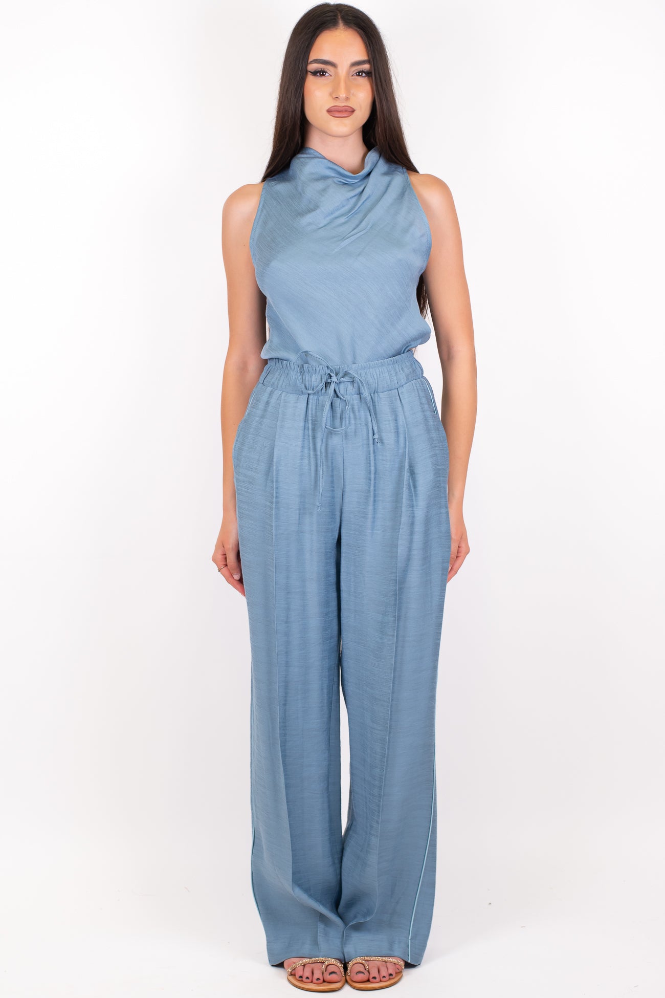 Maryley - Coordinato top asimmetrico giromaniche e pantalone palazzo con elastico in vita