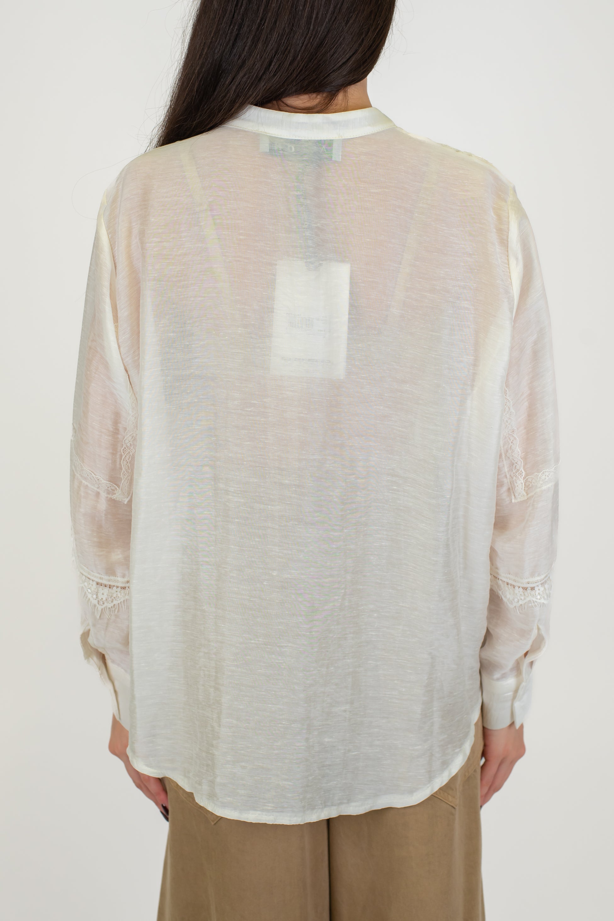 Haveone - Camicia in misto lino e pizzo con collo coreano