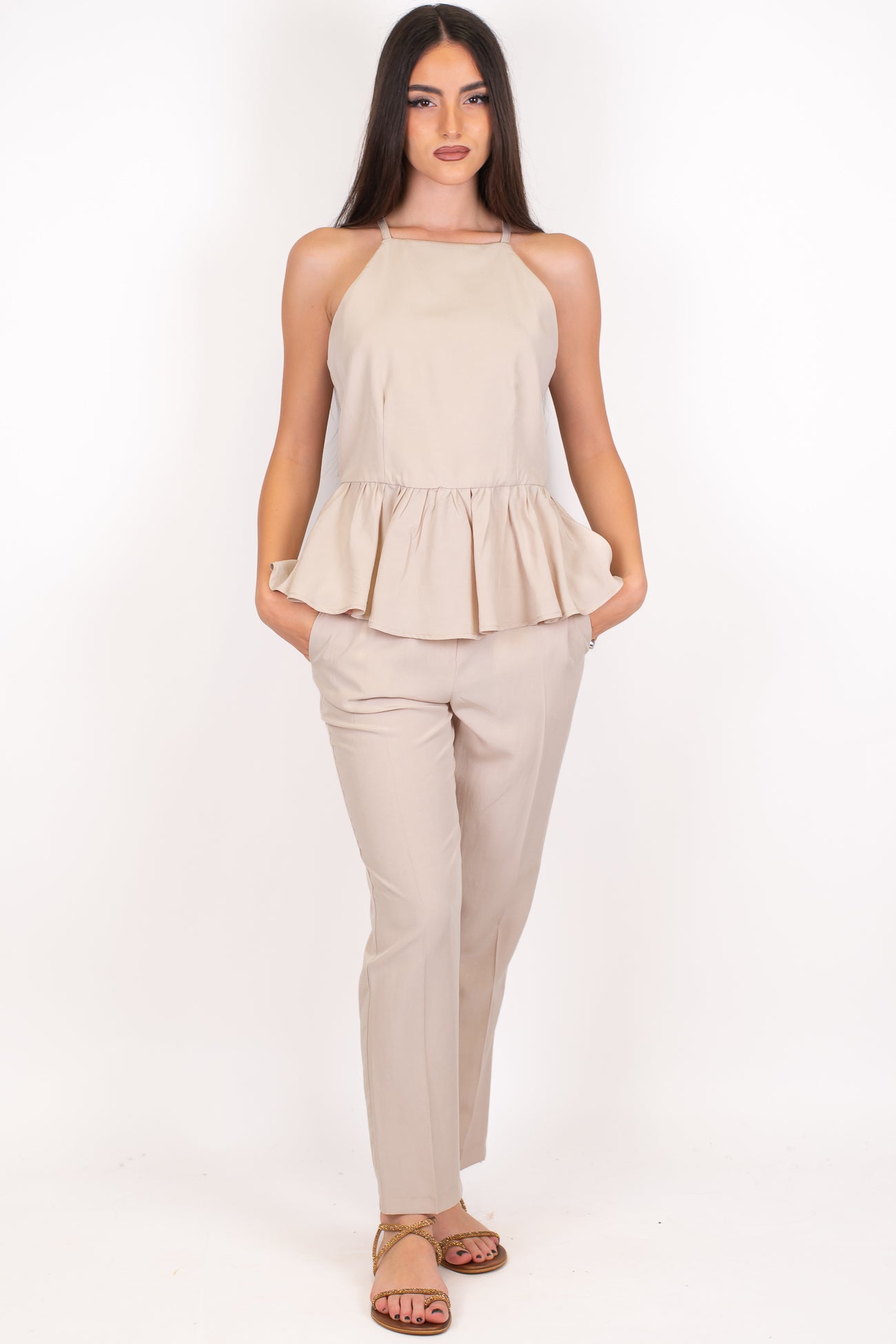 Motel - Coordinato in misto tencell e lino con top volant e pantalone slim con elastico sul retro
