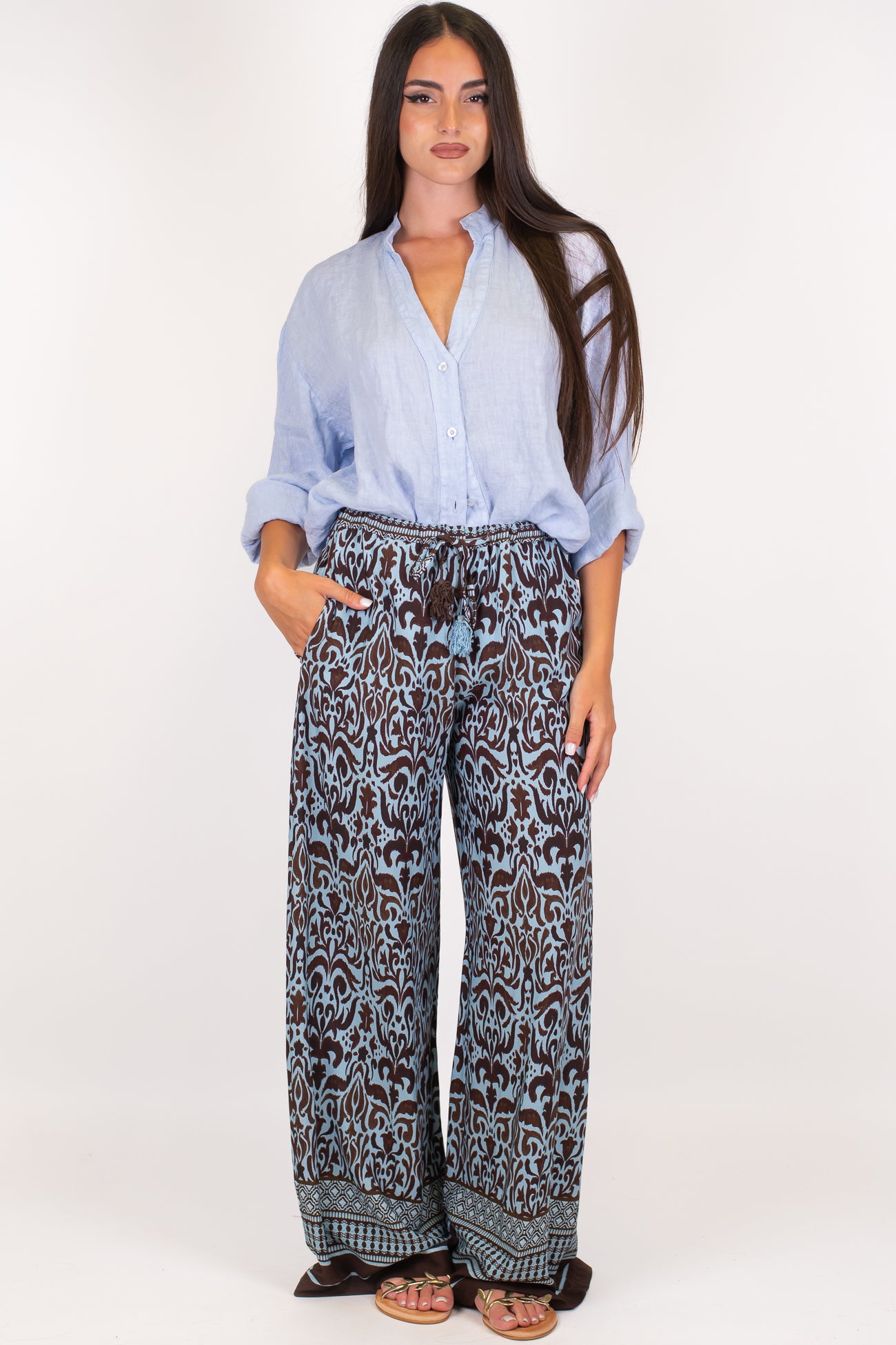 Tensione in - Pantalone palazzo fantasia etnica in viscosa leggera con coulisse