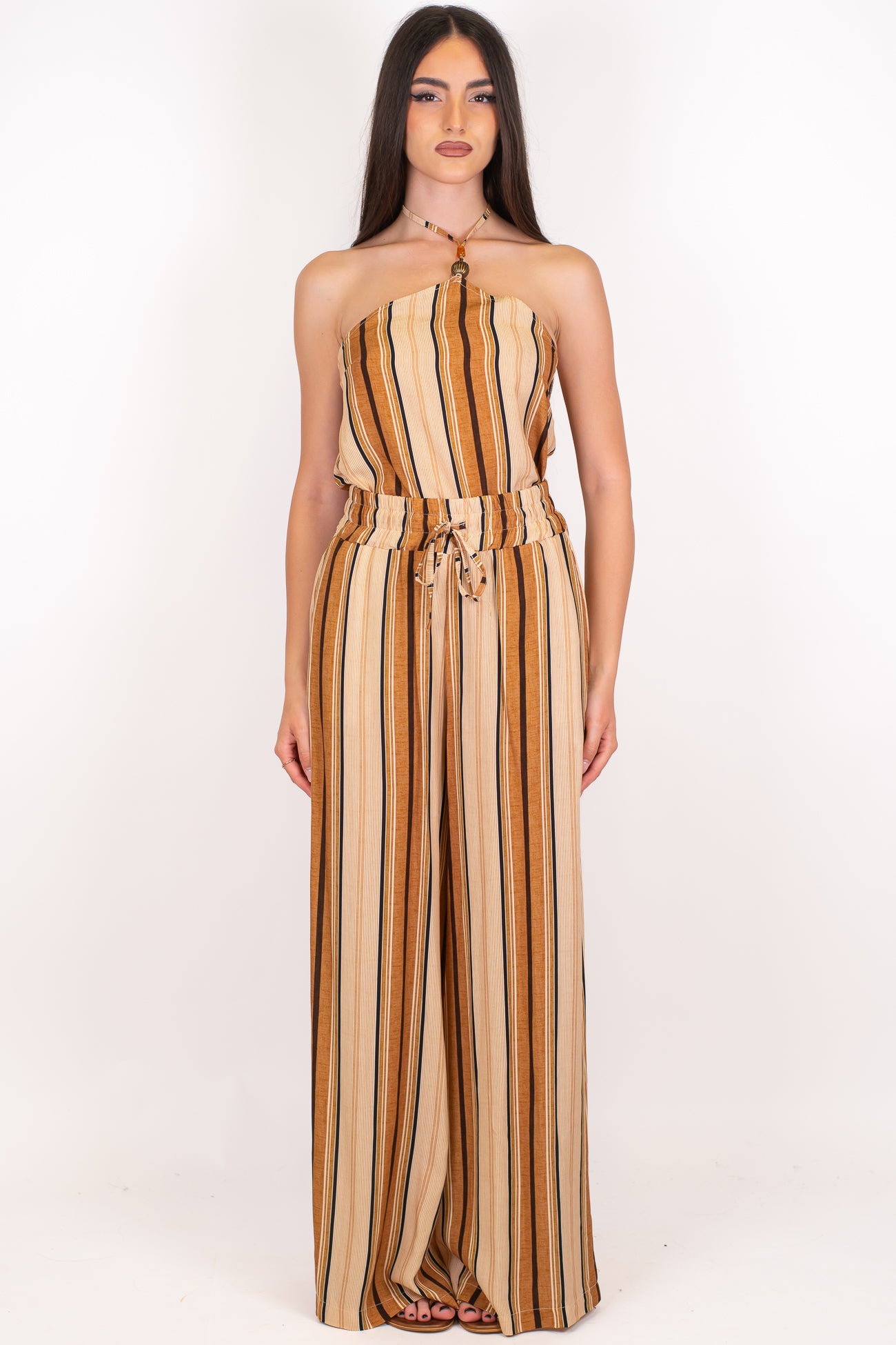 Haveone - Coordinato in viscosa fantasia a righe con top fazzoletto  e pantalone palazzo con elastico in vita