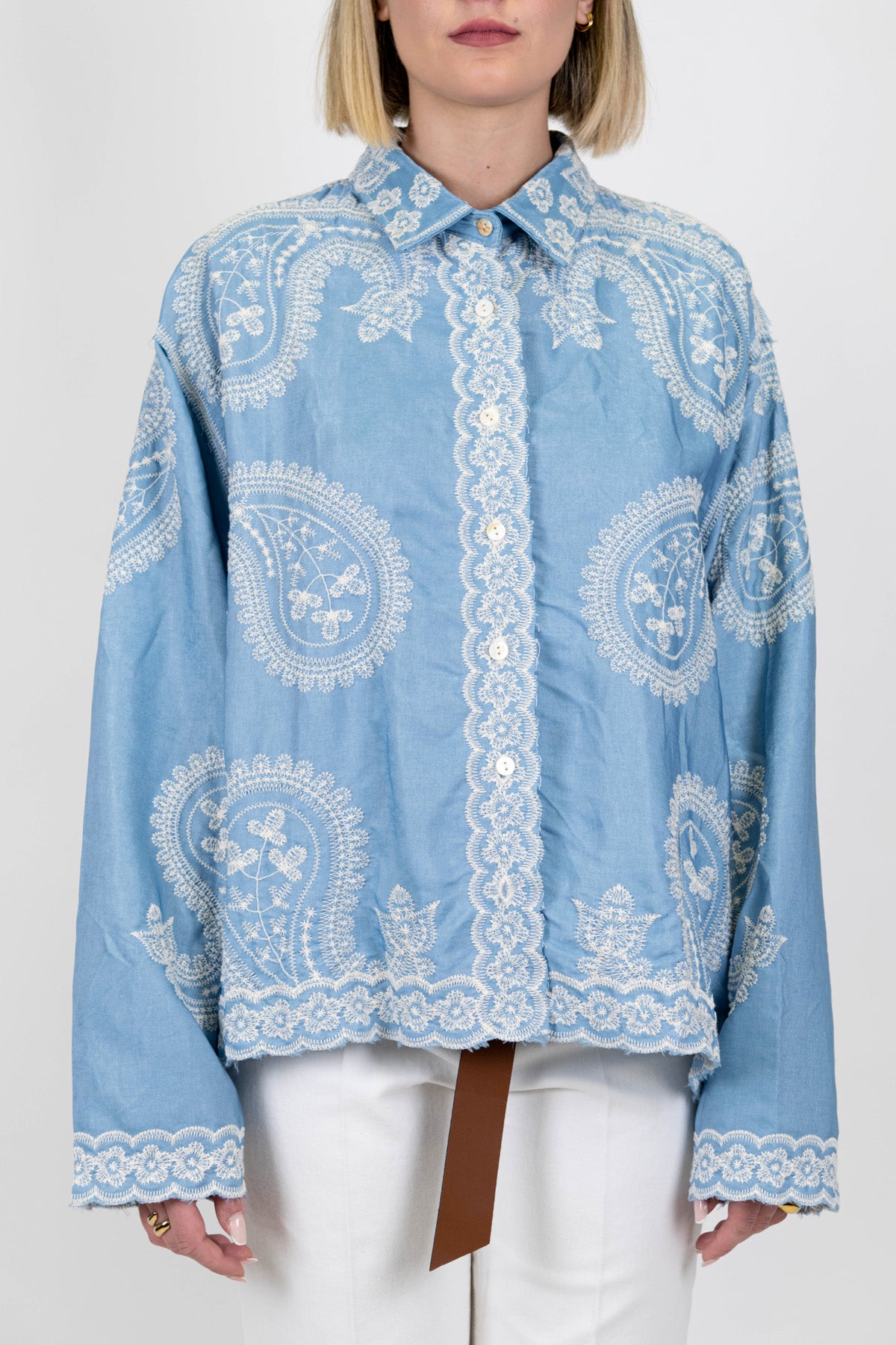 Haveone - Camicia in cotone con ricami in crochet