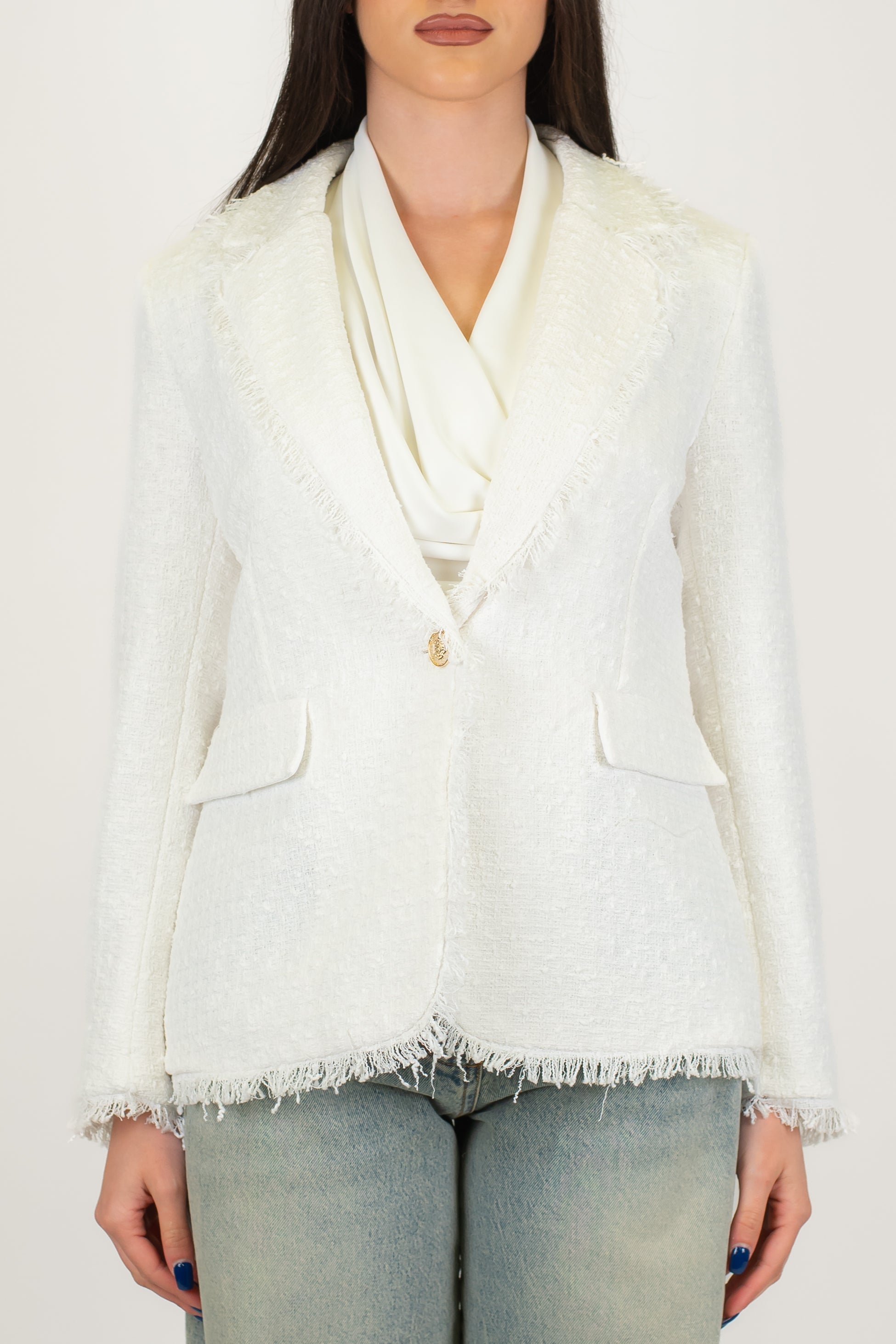 Tensione in - Giacca monopetto in tweed con profilo frange