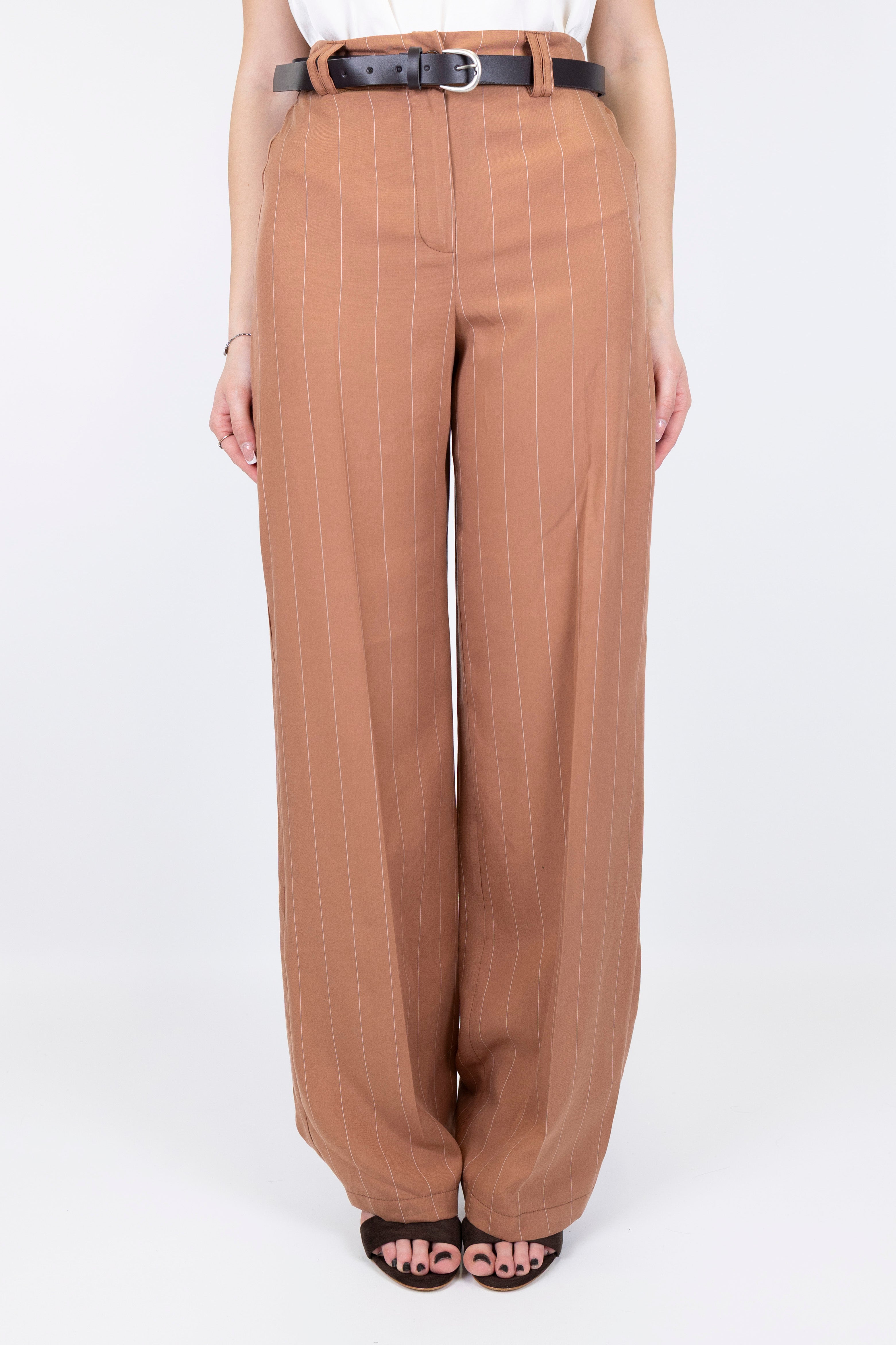 Haveone - Pantalone palazzo gessato in lyocell con elastico sul retro