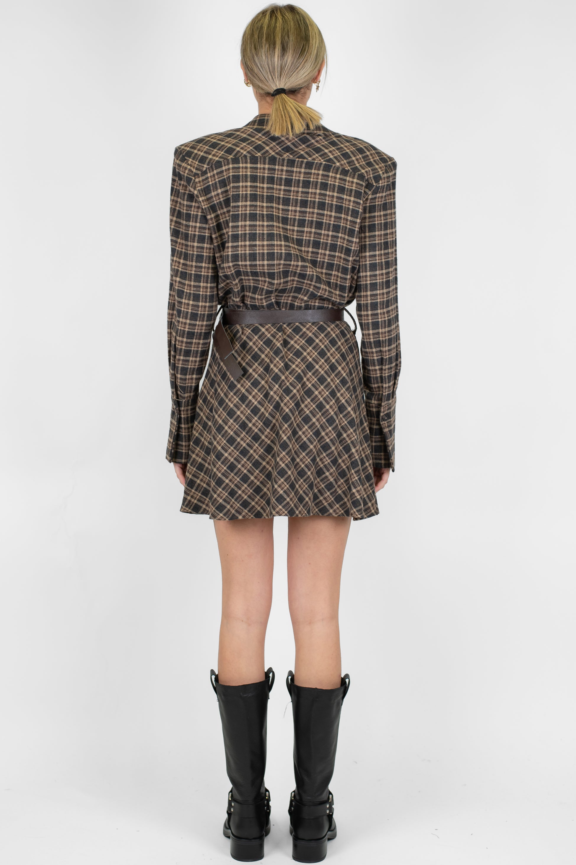 Motel - Abito corto fantasia check con spalline e drappeggio laterale