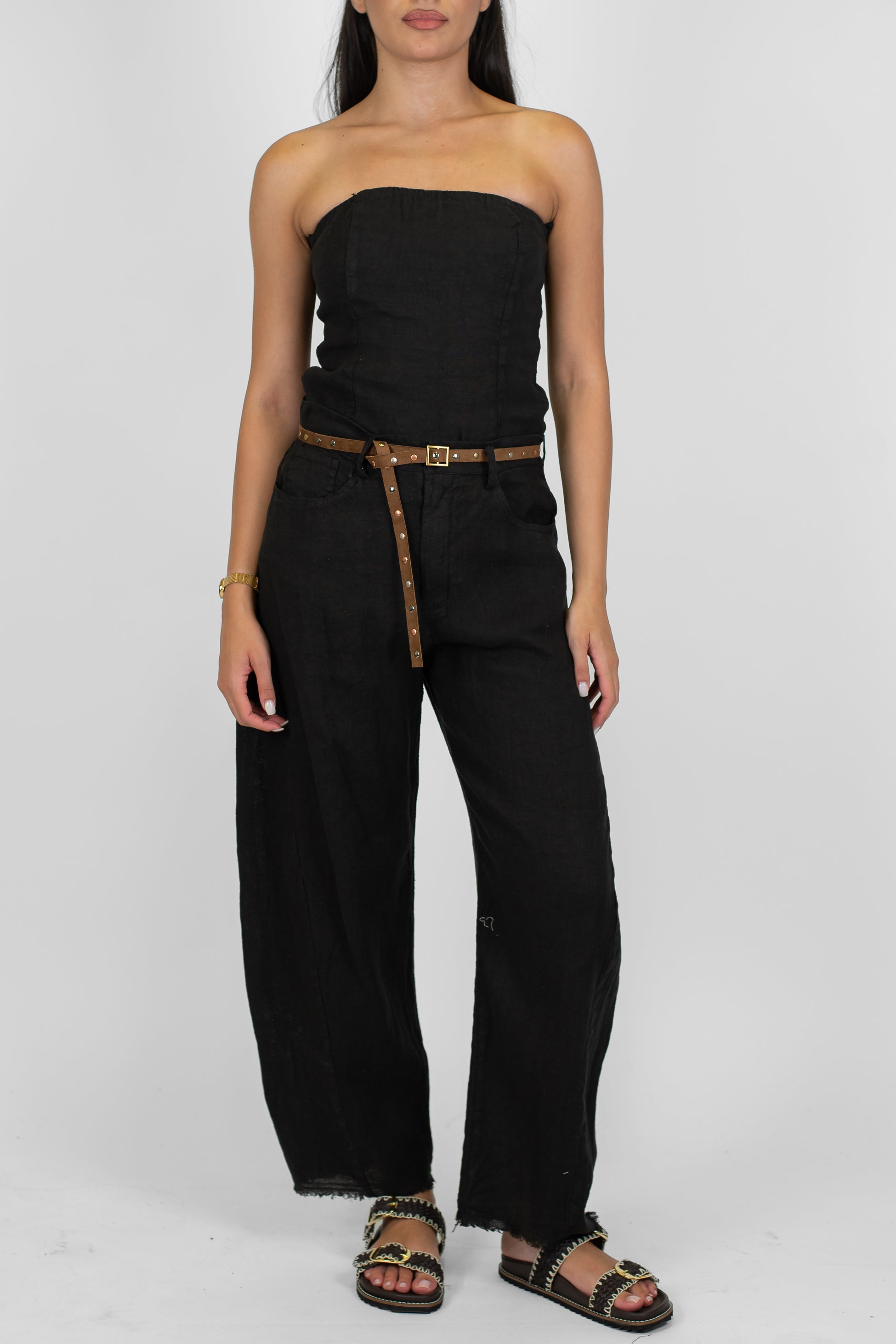 Tensione in - Pantalone balloon 100% lino sfrangiato sotto