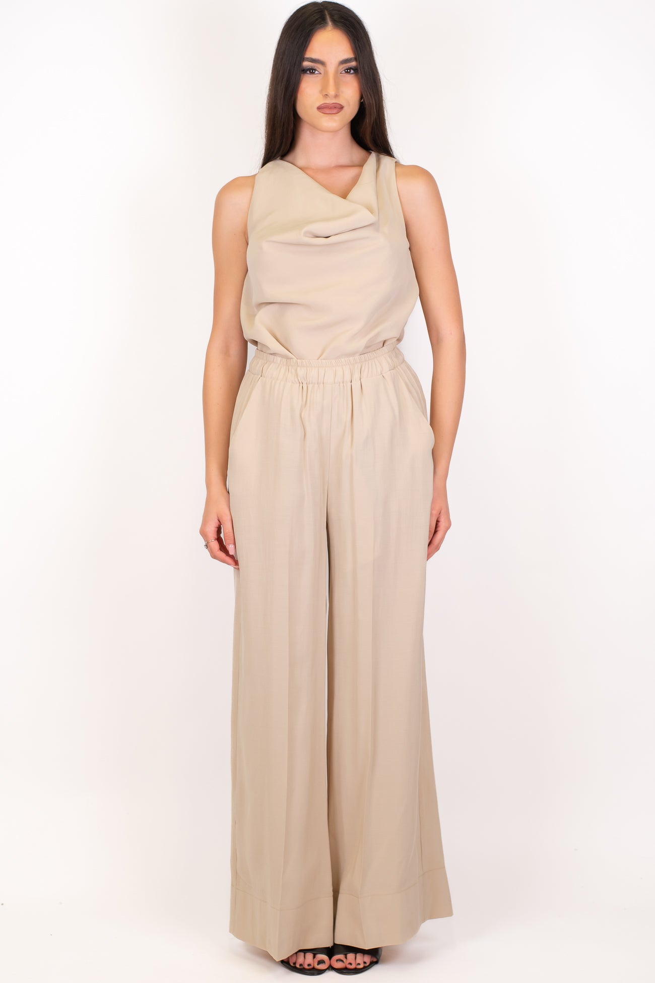 Maryley - Coordinato con top lungo asimmetrico e pantalone palazzo con elastico in vita