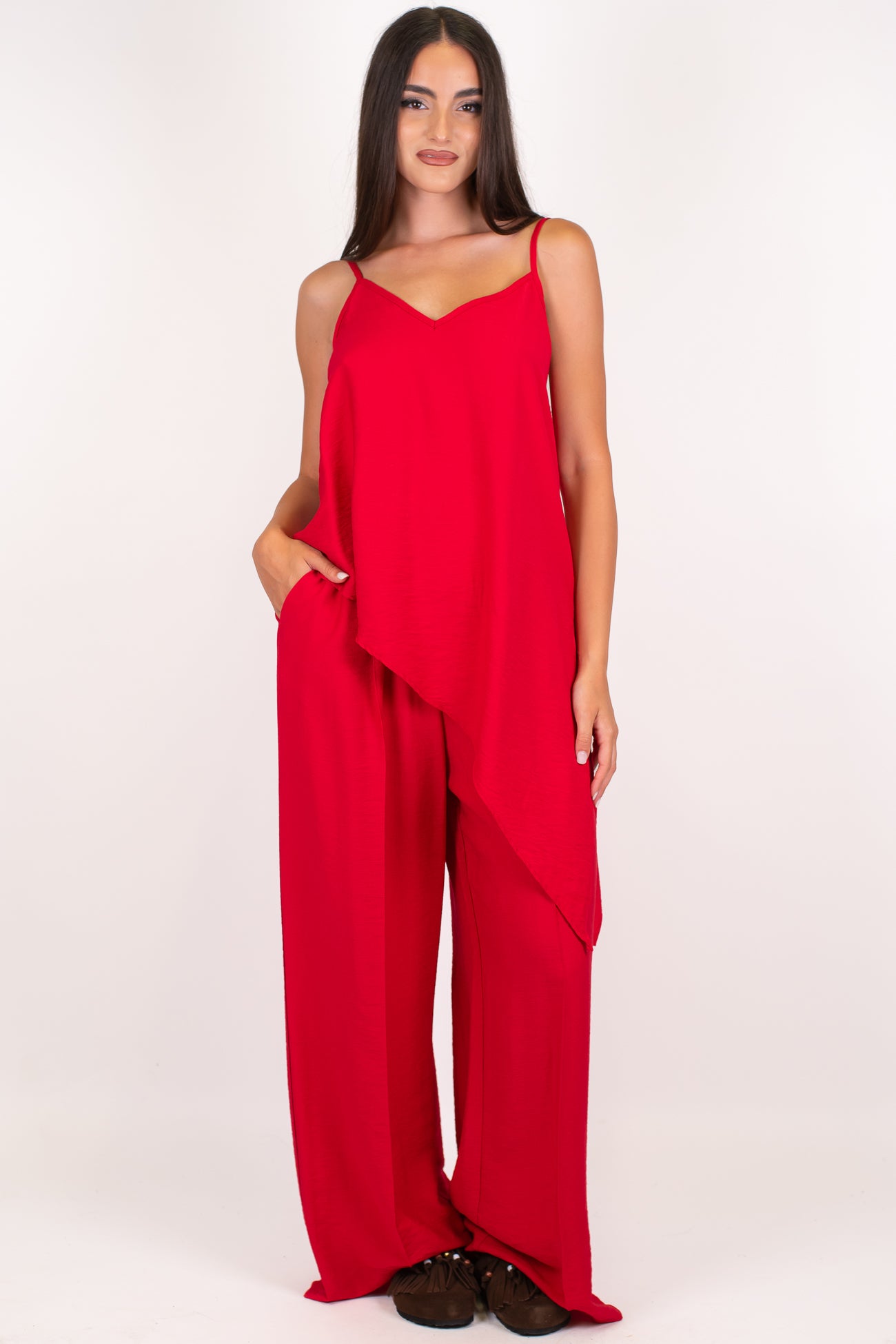 Dixie - Coordinato in viscosa leggera con top assimmetrico e pantalone palazzo con coulisse