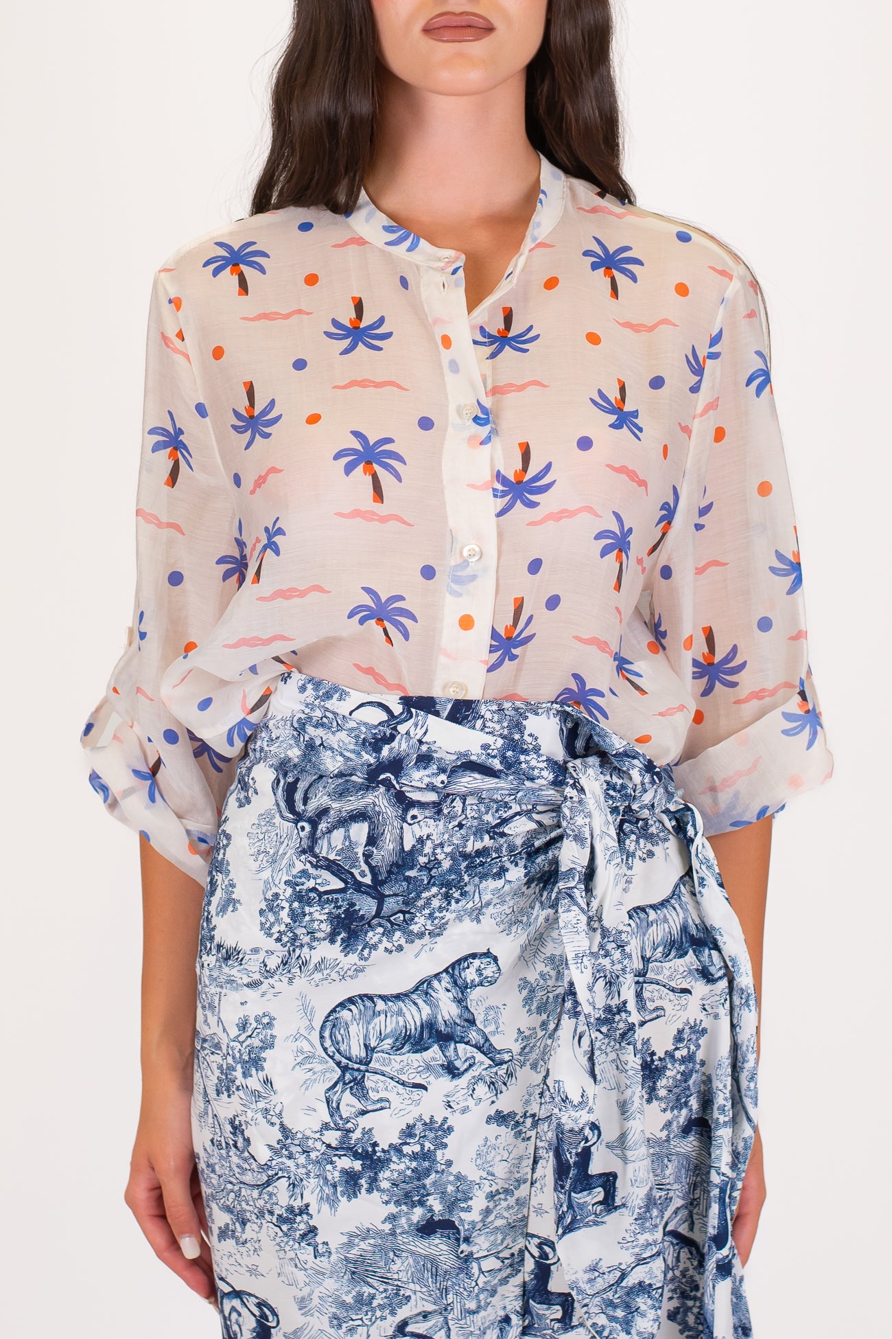 Haveone - Camicia collo coreana in lyocell fantasia palme