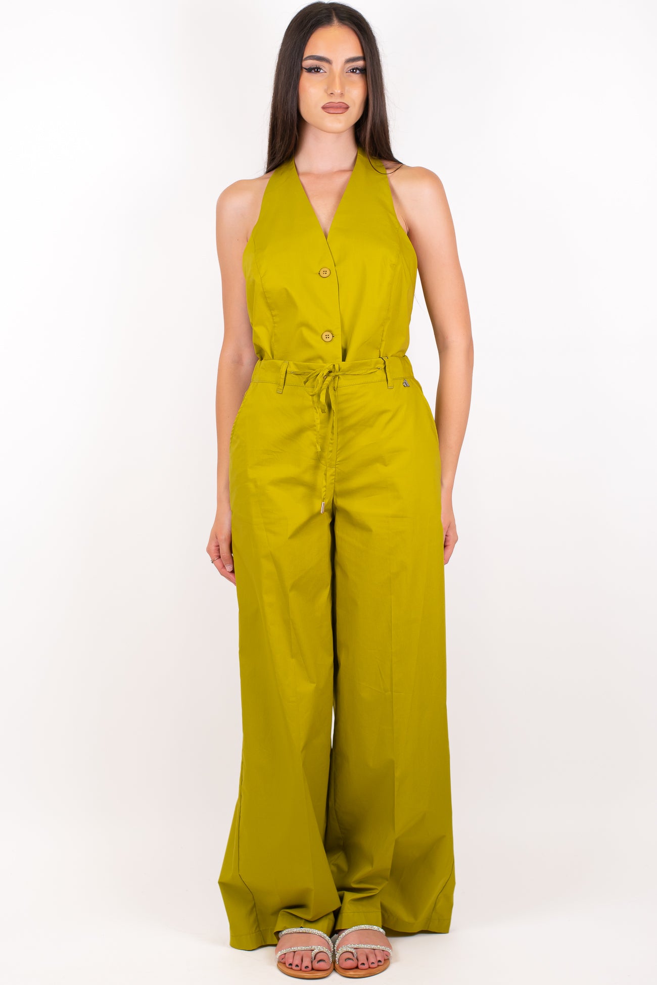 Dixie - Coordinato in cotone tela paracadute con top scollo americano e pantalone palazzo con elastico sul retro