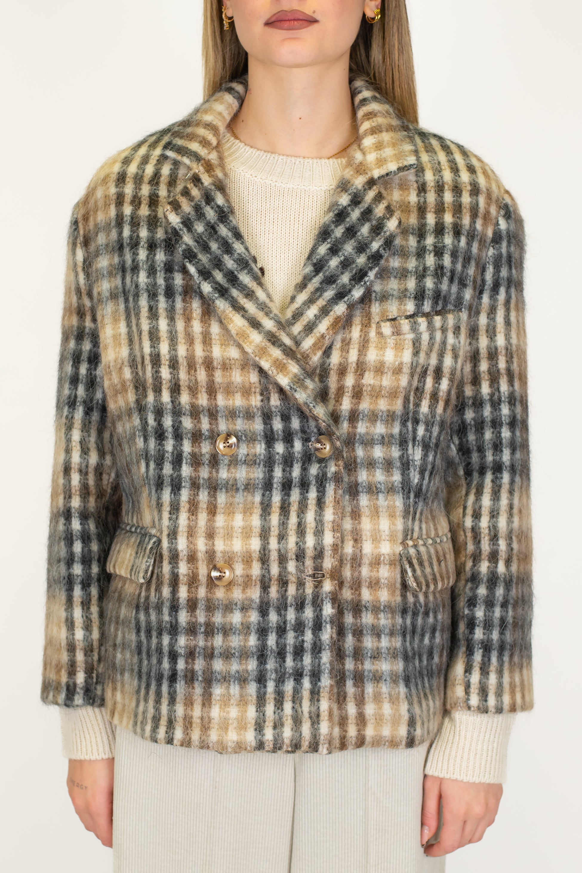 Tensione in - Giacca doppiopetto a scatola fantasia check in misto lana