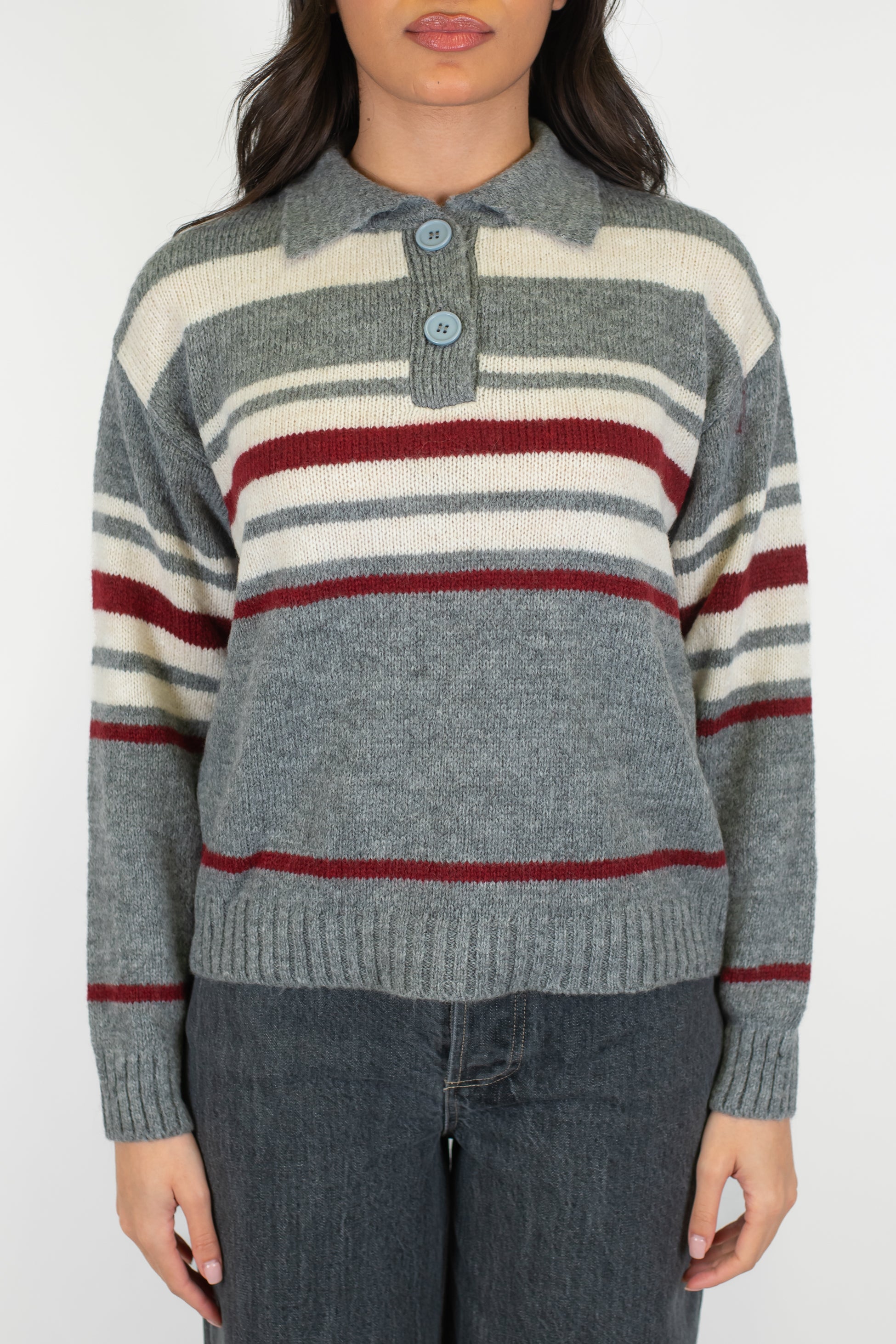 Tensione in - Polo in maglia fantasia rigata a contrasto in misto lana