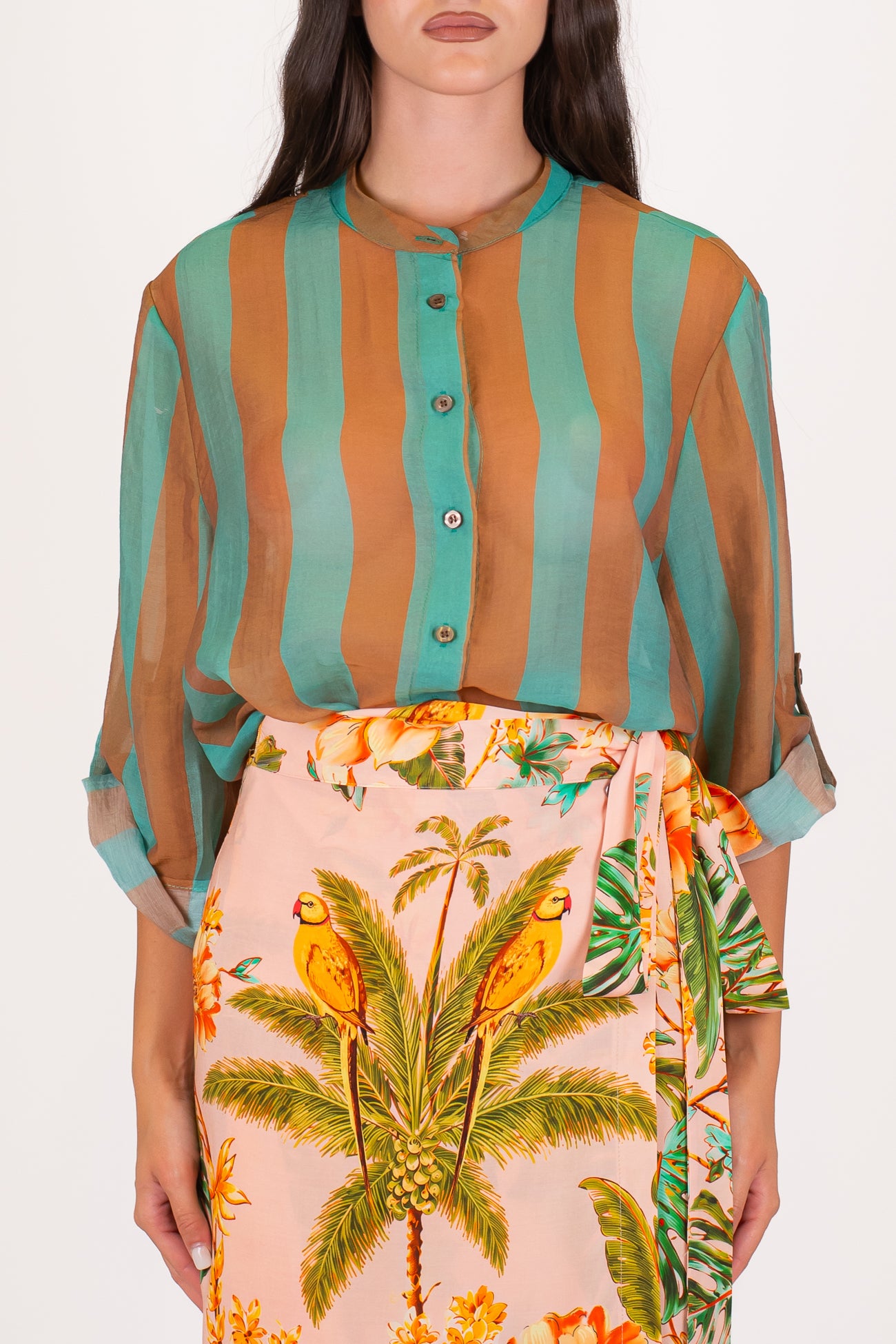 Haveone - Camicia fantasia a righe a contrasto in lyocell con manica tre quarti