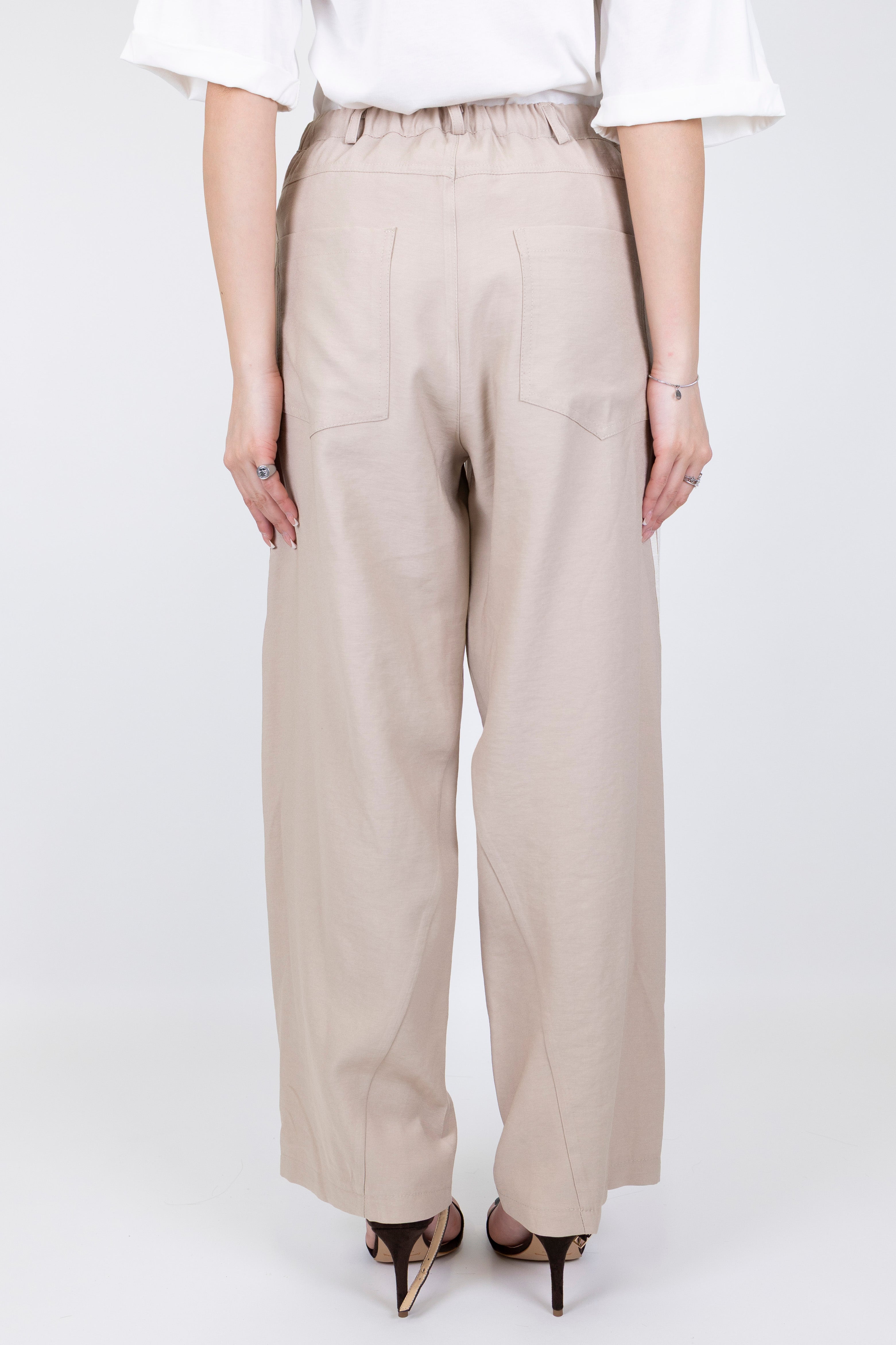 Maryley - Pantalone palazzo in viscosa leggera con coulisse e bande laterali a contrasto