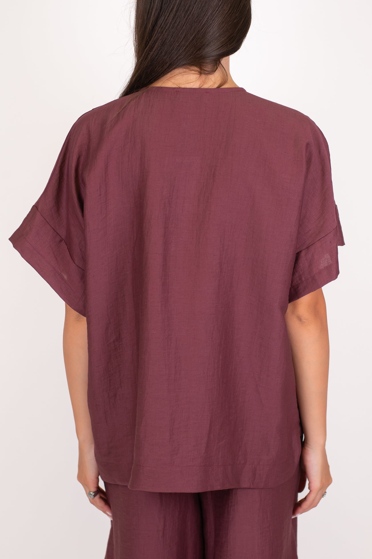 Dixie - Blusa mezzamanica in misto lino con sollo a V e tasconi laterali