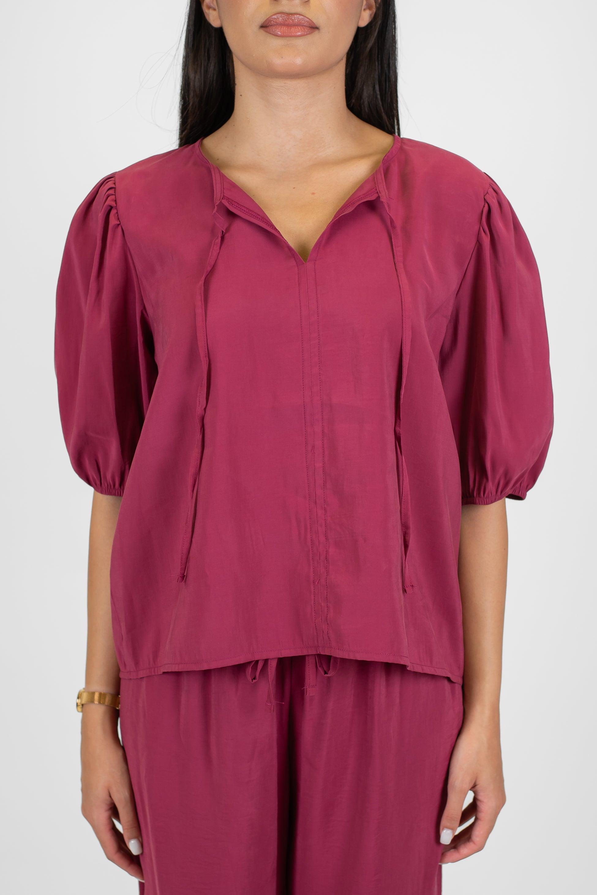 Haveone - Coordinato in modal con t-shirt scollo a V con lacci e pantalone palazzo con coulisse