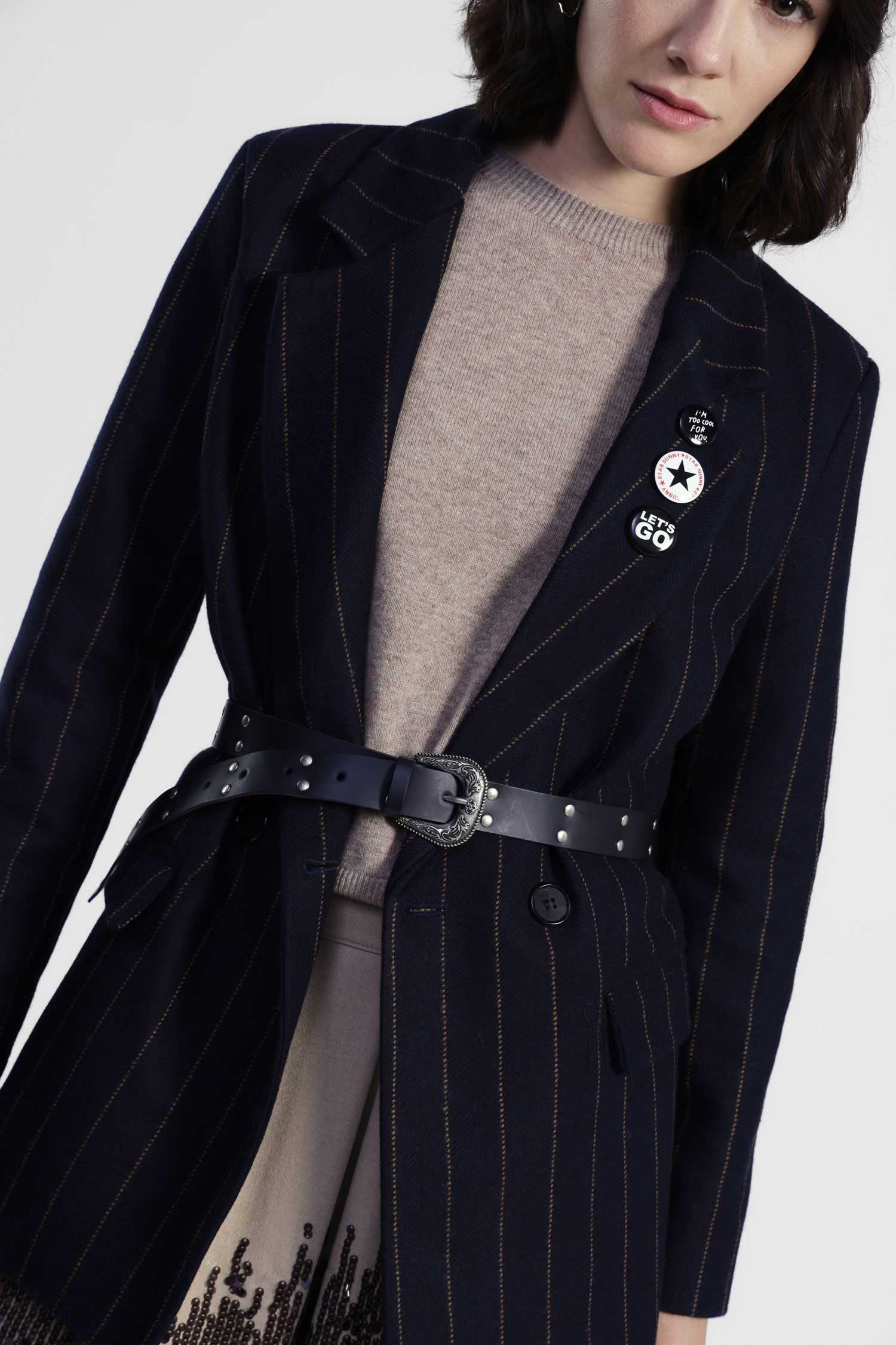 Dixie - Giacca monopetto gessata in misto lana con spille e cintura